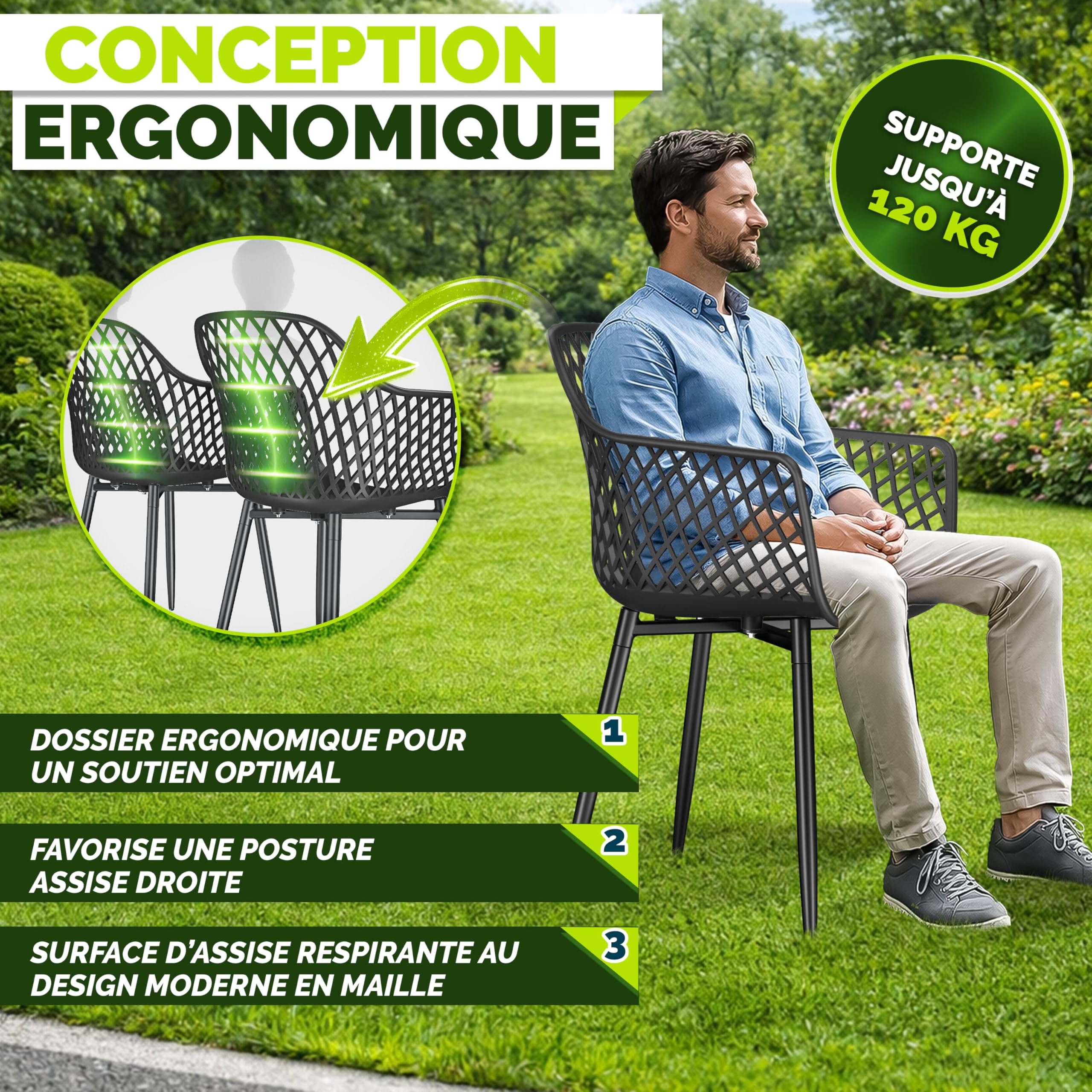 tillvex Lot de 6 chaises de jardin, résistantes aux intempéries, avec accoudoirs, charge maximale : 120 kg, résistantes aux UV, pour terrasse, balcon, extérieur, jardin