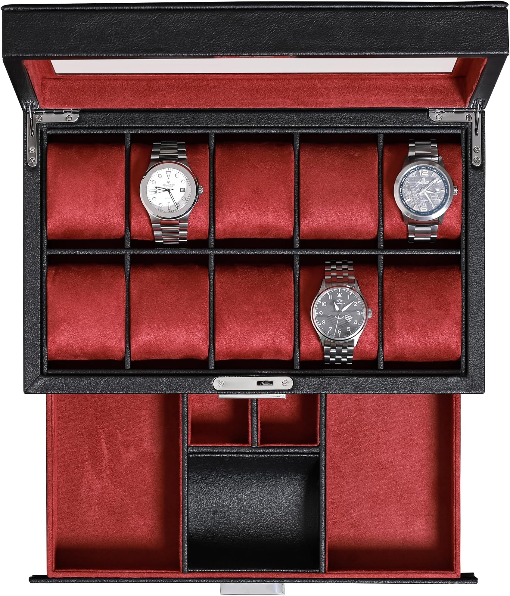 ROTHWELL 10-Slot Watch Box in Leather with Valet Drawer, Luxury Watch Case Display Organizer with Ultra Soft Microsuede Liner, Jewelry and Sunglass Holder With Large Glass top (Black/Red)