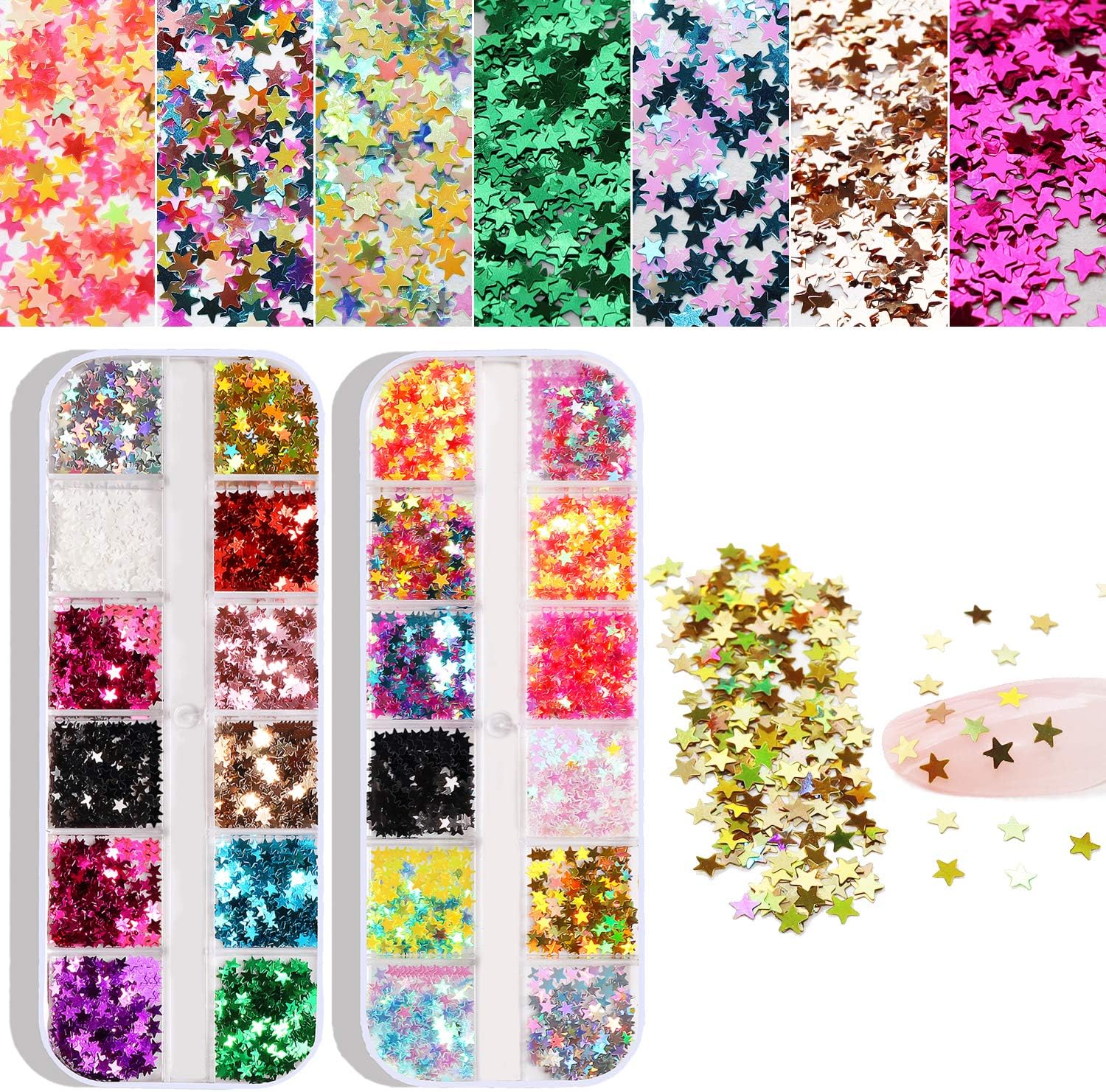 24 Color/Set 3D Star Butterfly Nail Art Glitter Sequins, Colorful Nail Sparkle Glitter Sticker Decals for Nail Art Make Up Decoration Accessories Manicure (Star)
