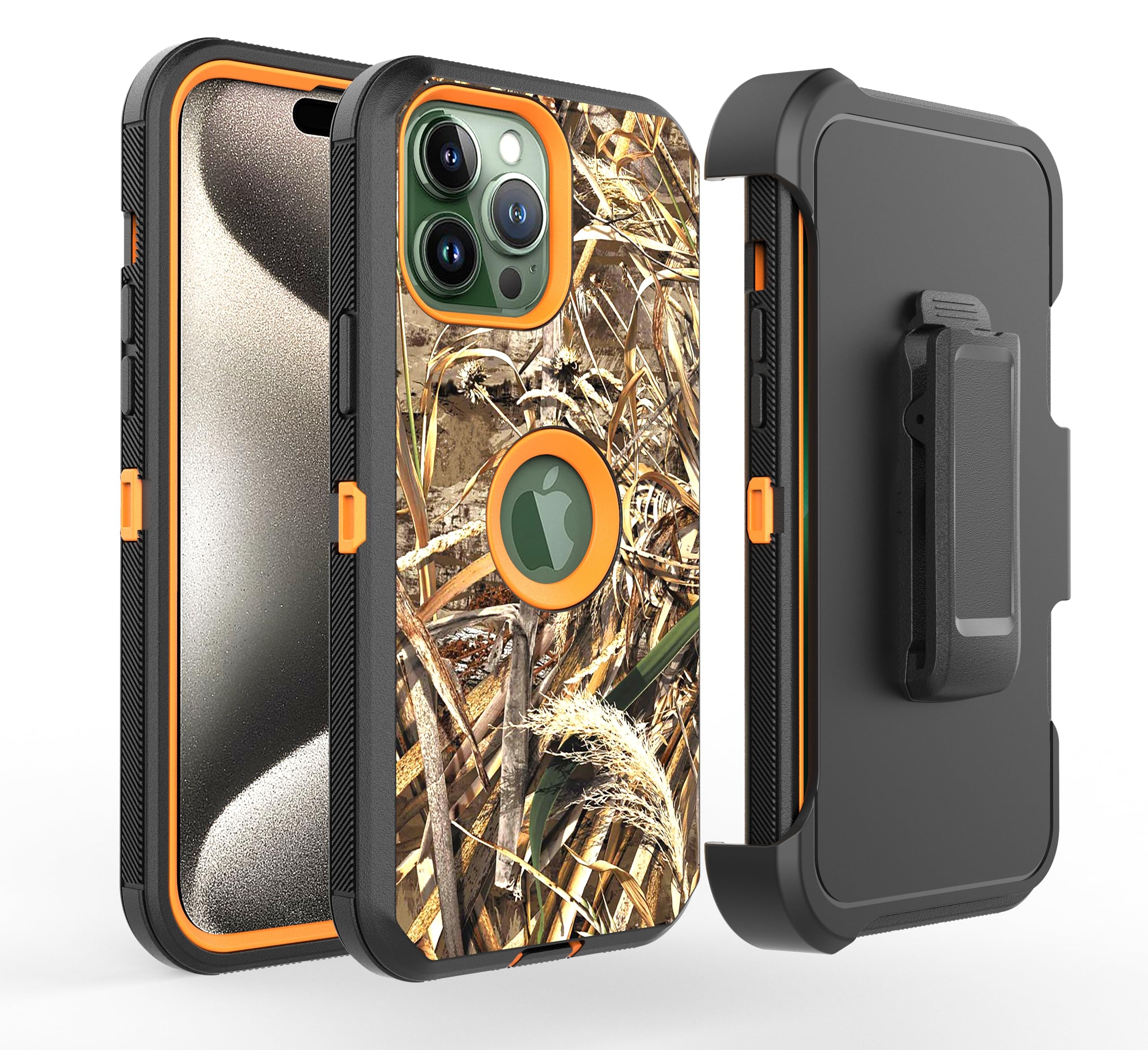 15 Pro Max Camo Design Defender Case, Protective Defender Shockproof Hybrid Case Dual Layer Design Hard Cover Compatible with iPhone 15 Pro Max (Clip+Straw Orange)