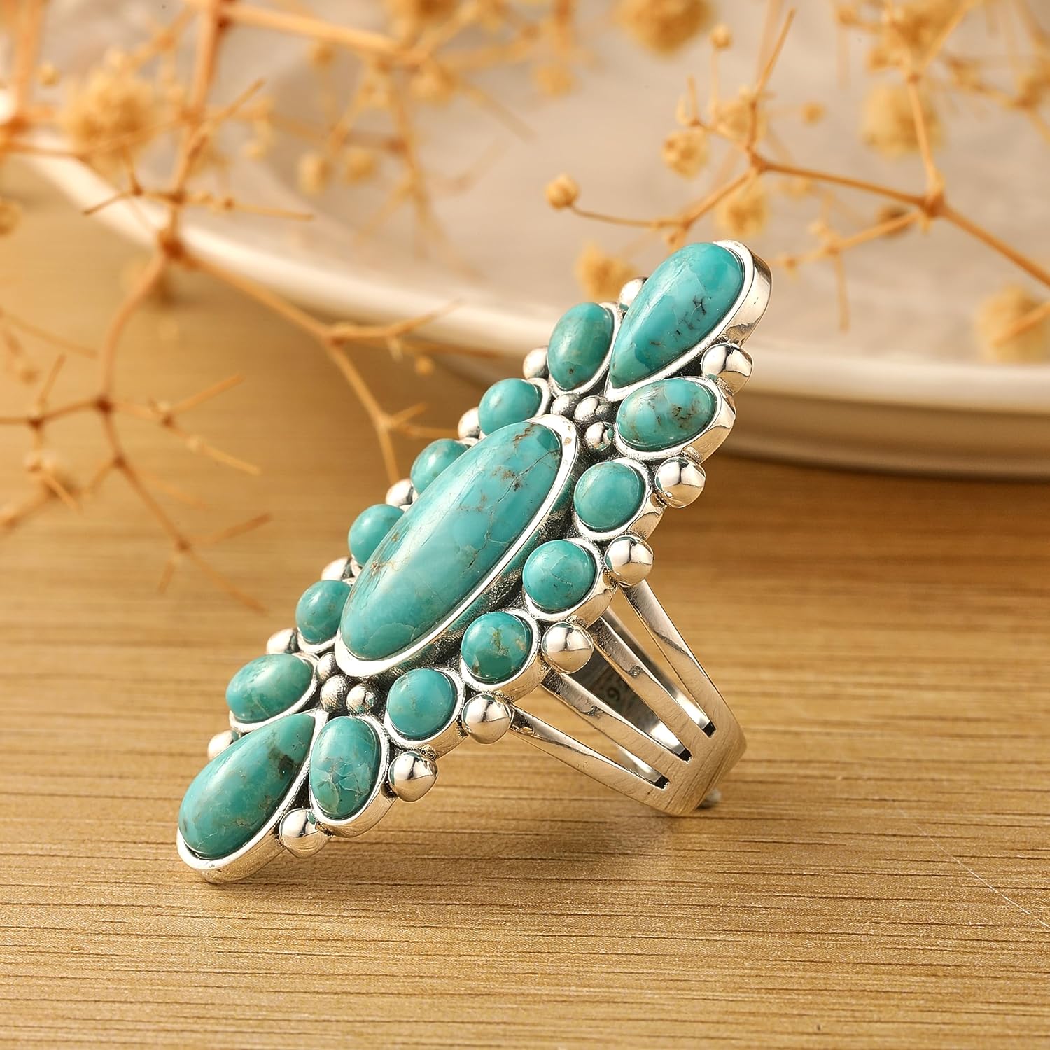 Turquoise 925 Sterling Silver Ring for Women, Bohemian Flower Statement Band, Vintage Genuine Gemstones Black Oxidized Rings Size 6-9