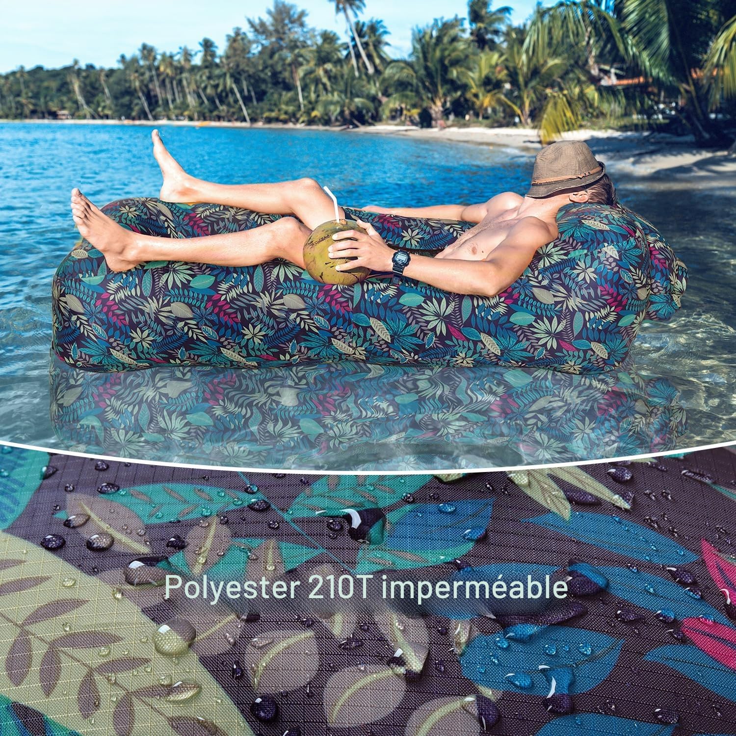 Hamac Gonflable avec Sac, Portable Canapé Gonflable Eau et Terre, Air Sofa Pouf Gonflable Exterieur pour Jardin Camping Plage Voyager, Bleu Tropical