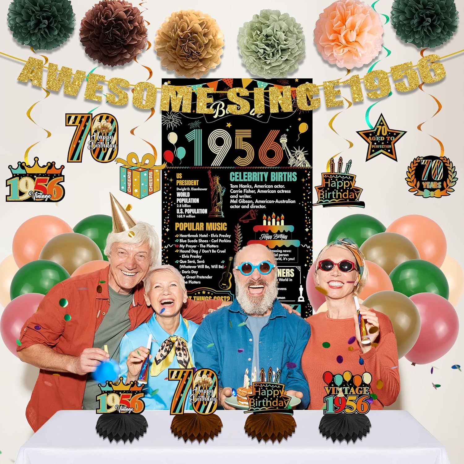 Vintage 70th Birthday Decorations Banners - 38 Pcs Banner Back in 1956 Backdrop Hanging Swirls Honeycomb Table Decoration Paper Pompoms Balloons for Men Women 70 Years Old Birthday Party Supplies - Image 5