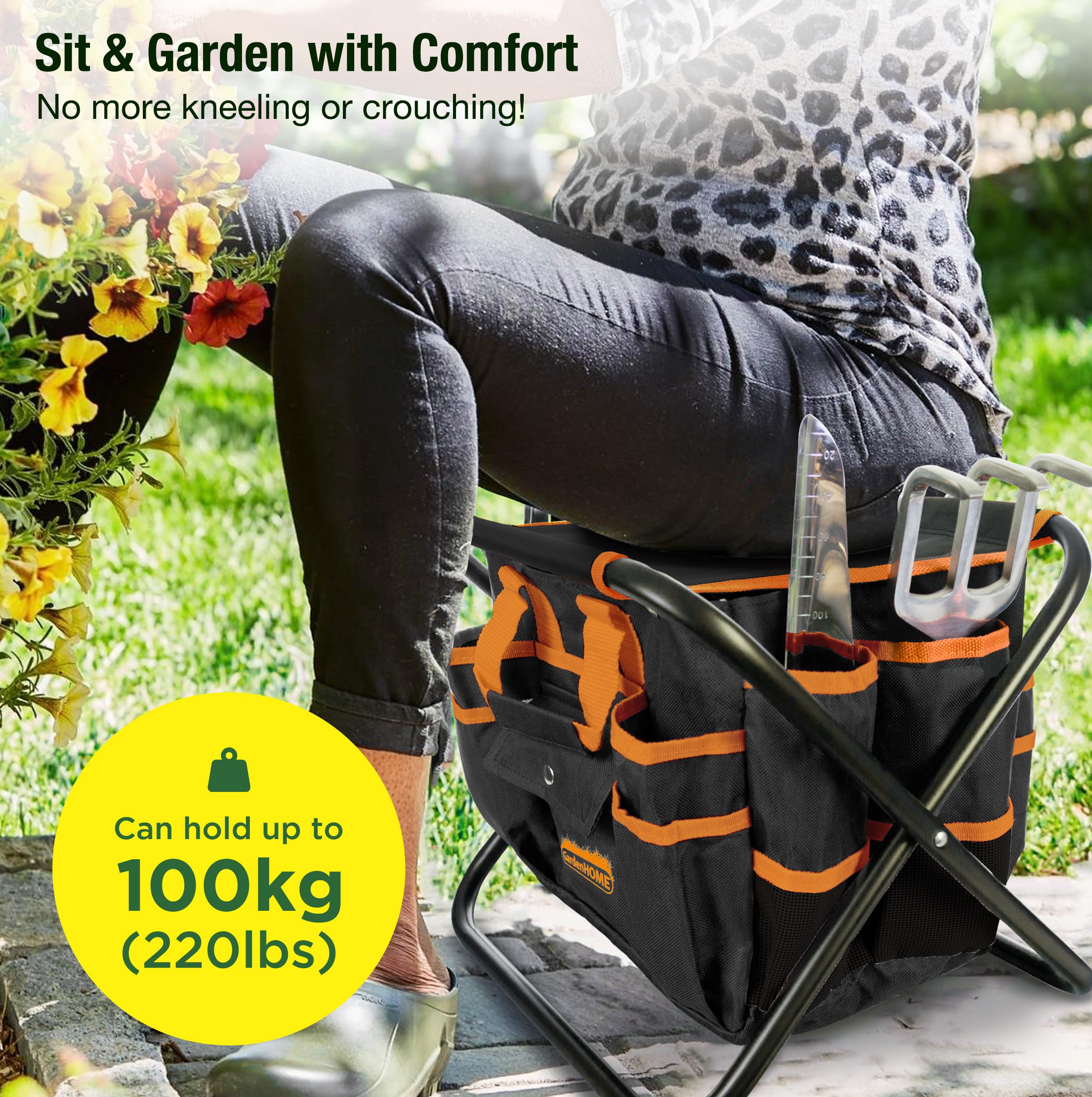 GardenHOME Set di attrezzi da giardino, set di attrezzi da giardinaggio da 7 pezzi, con sgabello pieghevole resistente e borsa per attrezzi da giardino rimovibile, regalo per donne uomini e bambini