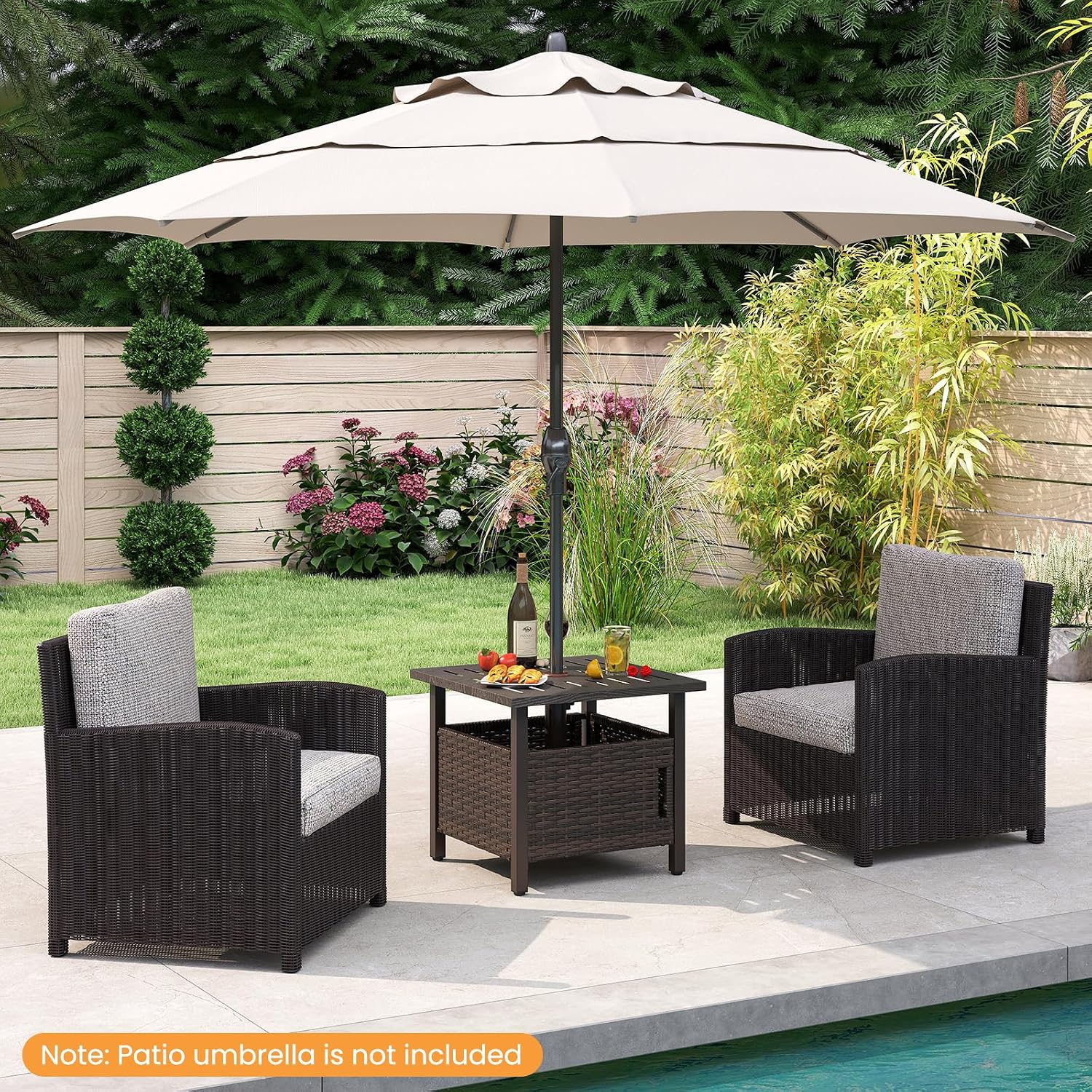 HAPPYGRILL Outdoor Side Table with 1.93" Umbrella Hole, Patio Umbrella Stand with Zinc-Iron Alloy Tabletop, Rustproof Metal Frame, PE Rattan End Table for Deck Garden Yard Poolside (with Sand Bag)