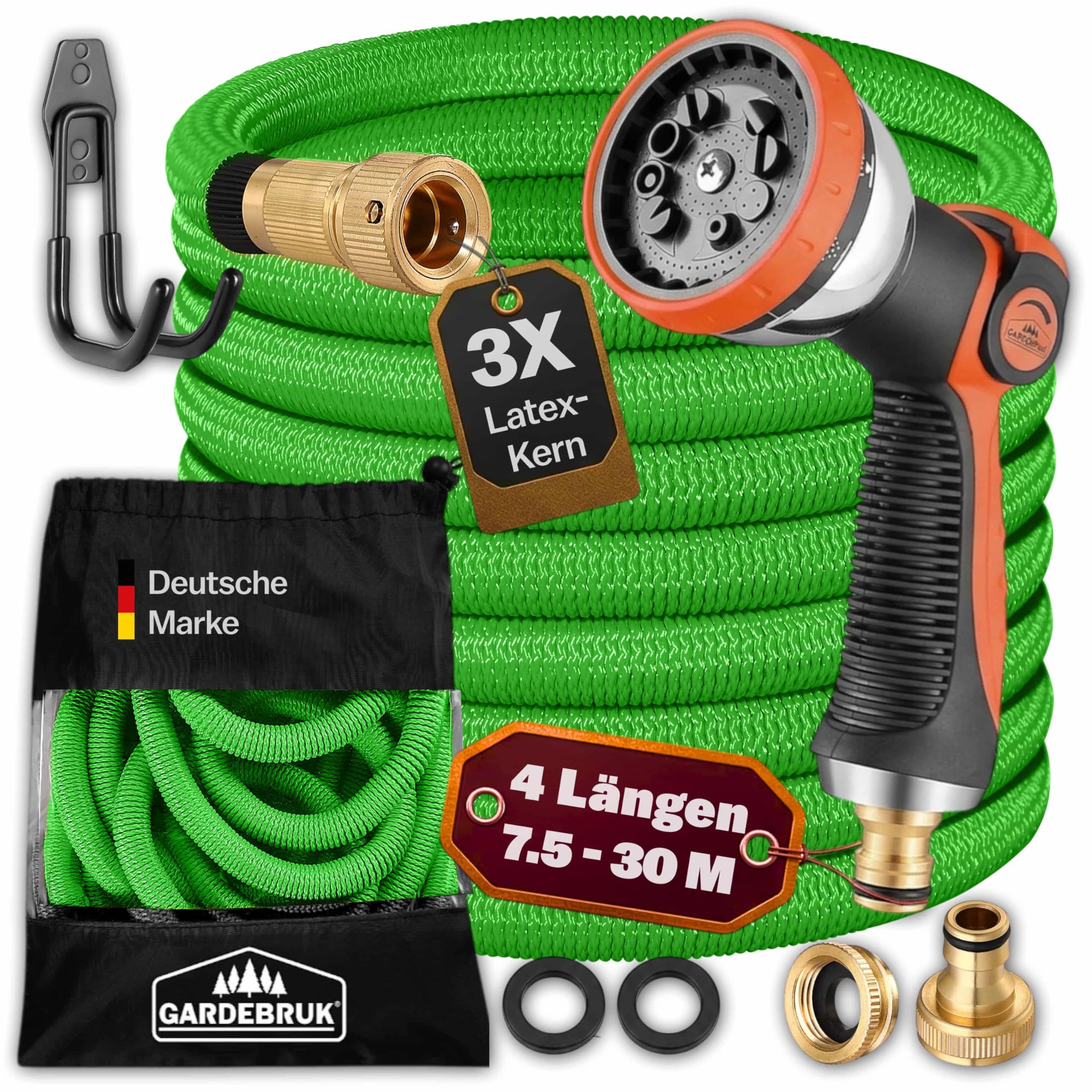 GARDEBRUK® Flexibler Gartenschlauch 7,5m 3fach Latexkern Vollmessing Adapter 1/2' 3/4' Zoll Wandhalterung Tasche Flexschlauch Wasserschlauch Grün