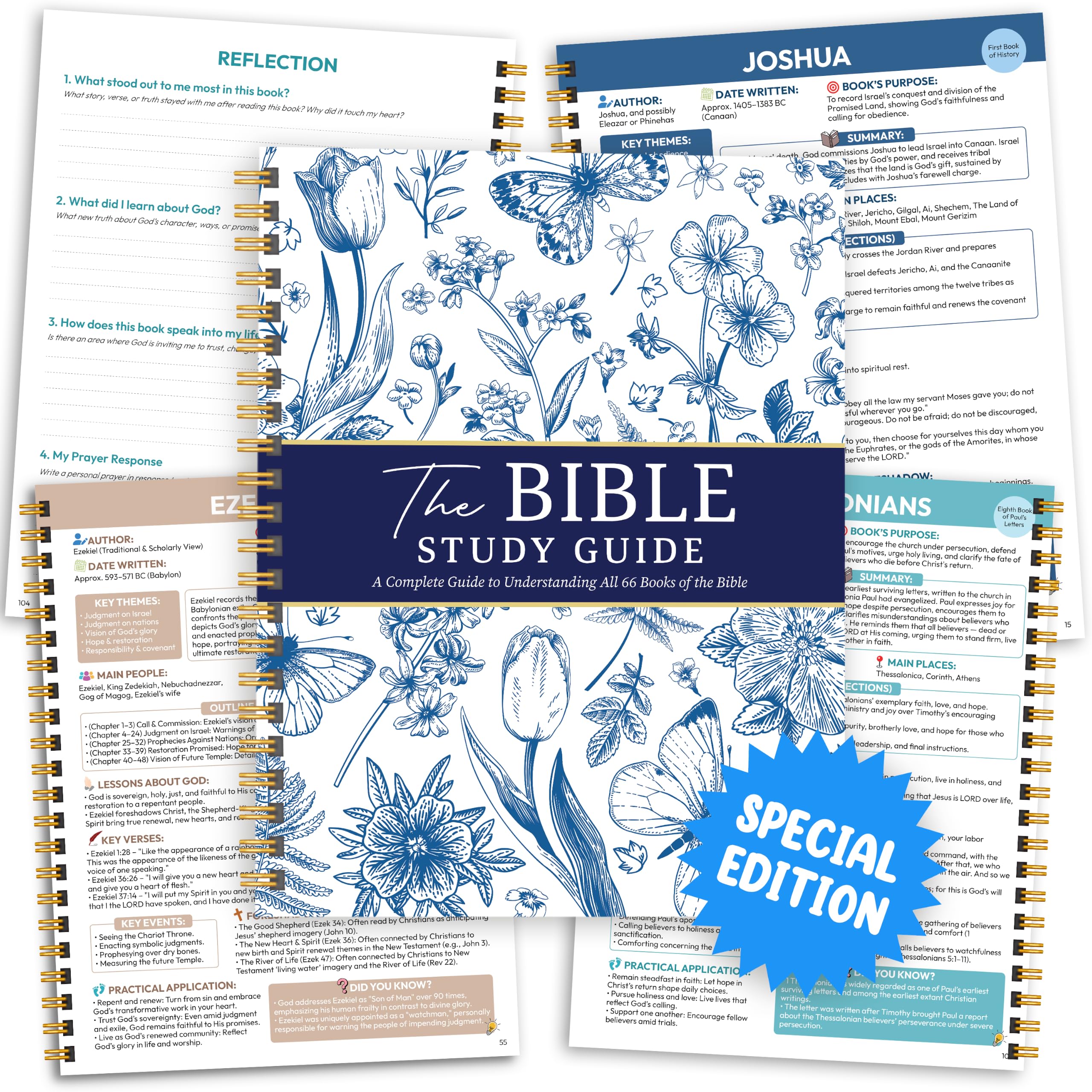 UnimaxPrint Guida allo studio della Bibbia per donne, floreale blu francese Tutti i 66 libri | Diario rilegato a spirale, 21,6 x 27,9 cm, adatto per principianti, con note di applicazione e riflessione, regali cristiani