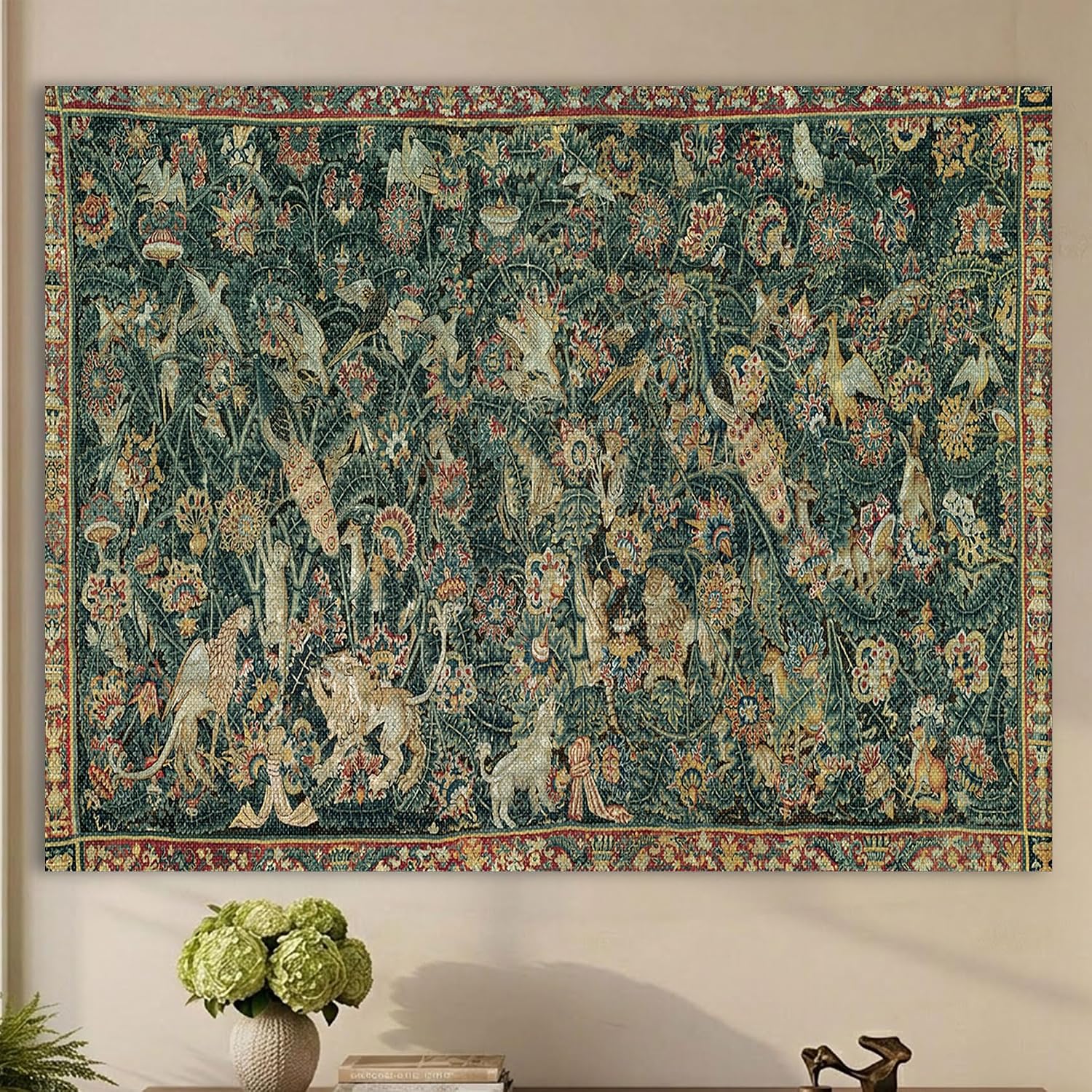 LATETOMT Medieval Millefleurs Tapestry, Unicorn Wall Decor 70.8x56in | Featuring medieval millefleurs artwork with unicorn, lion, birds, and vintage European garden styling