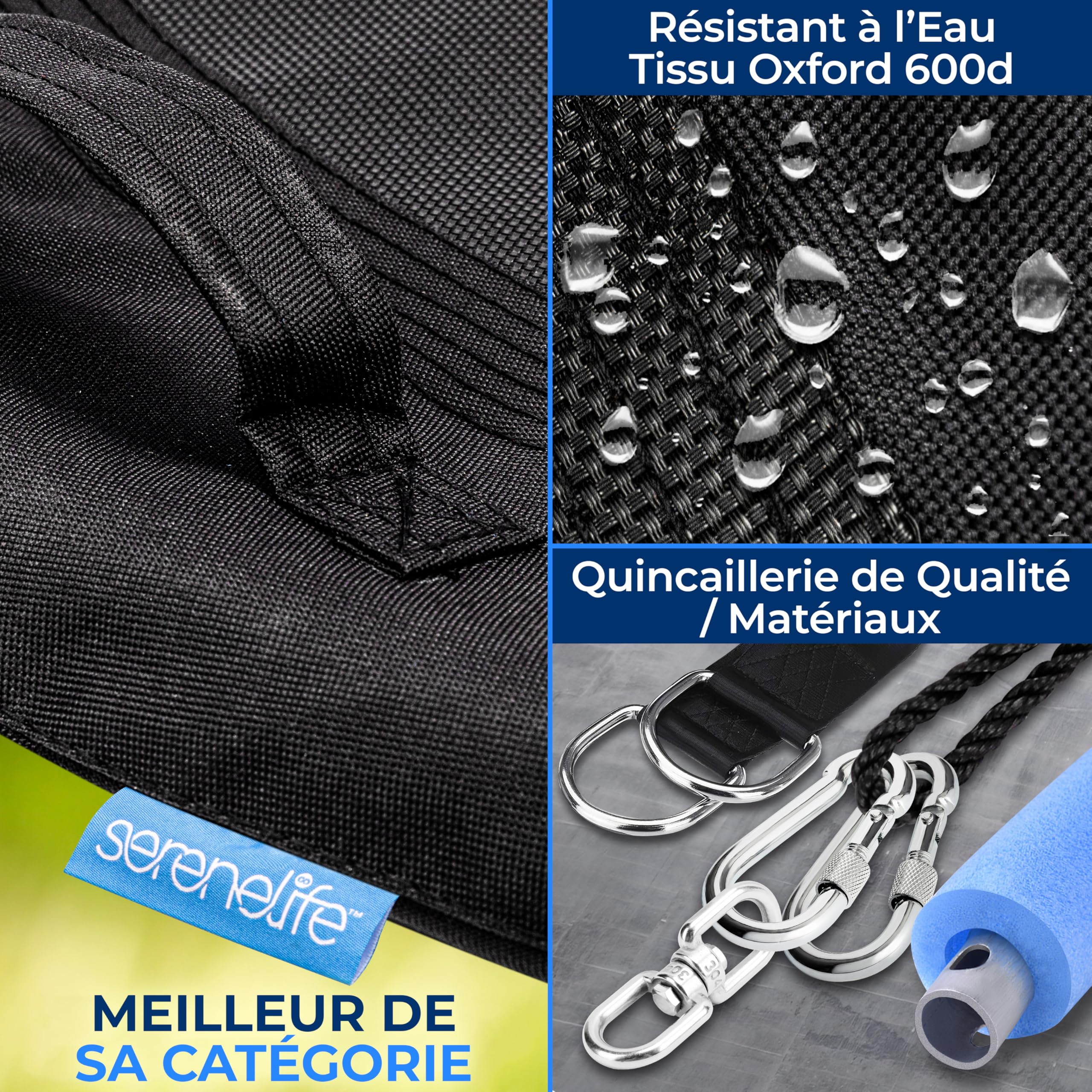 SereneLife Balançoire Exterieur Tournante 100 cm avec Coussin – Siège Extérieur Imperméable avec Sac, Charge 317 kg | Kit de Suspension Universel, Tapis Résistant à l’Eau, Noir