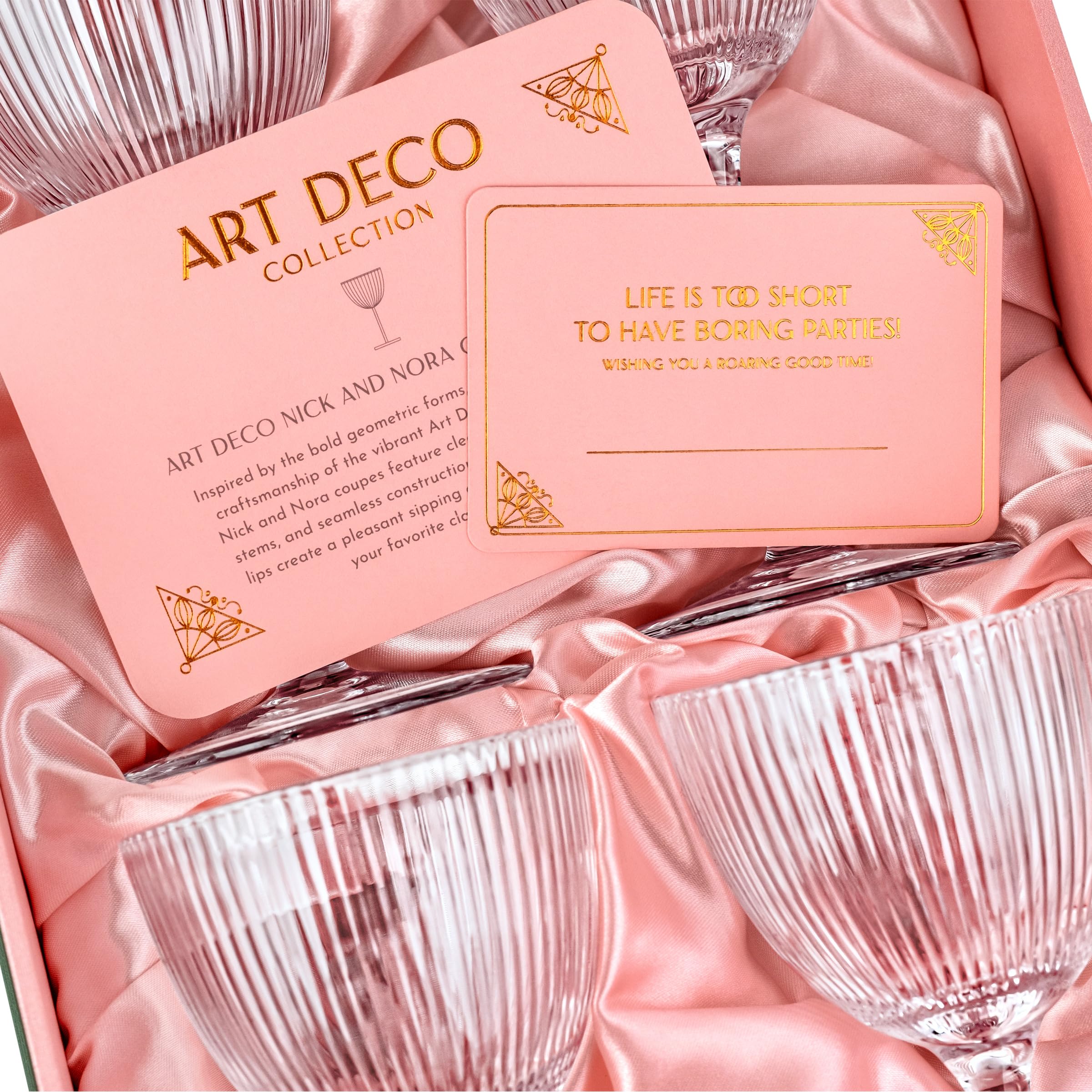 GLASSIQUE CADEAU Vintage Art Deco Nick Nora Coupe Gläser | 4er Set | 150 ml Kristall Gerippte Retro Cocktailgläser mit Stiel für Klassische Gin Cocktails