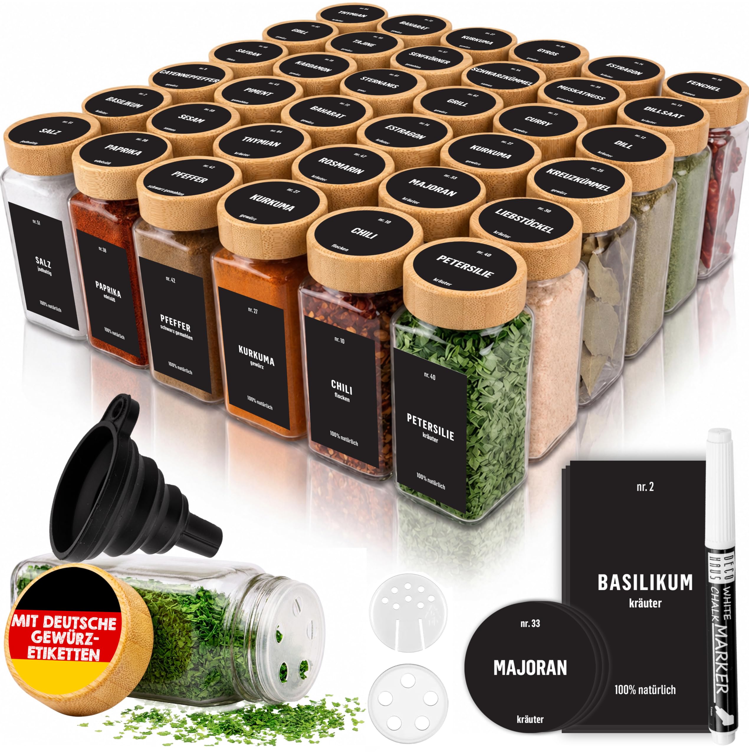 Deco haus® Gewürzgläser eckig mit Holzdeckel [+ Etiketten & Streueinsatz] - Gewürzdosen Set Glas - Gewürzbehälter Spice Jars - Gewürze Aufbewahrung - Behälter für Gewürze - Gewürzaufbewahrung