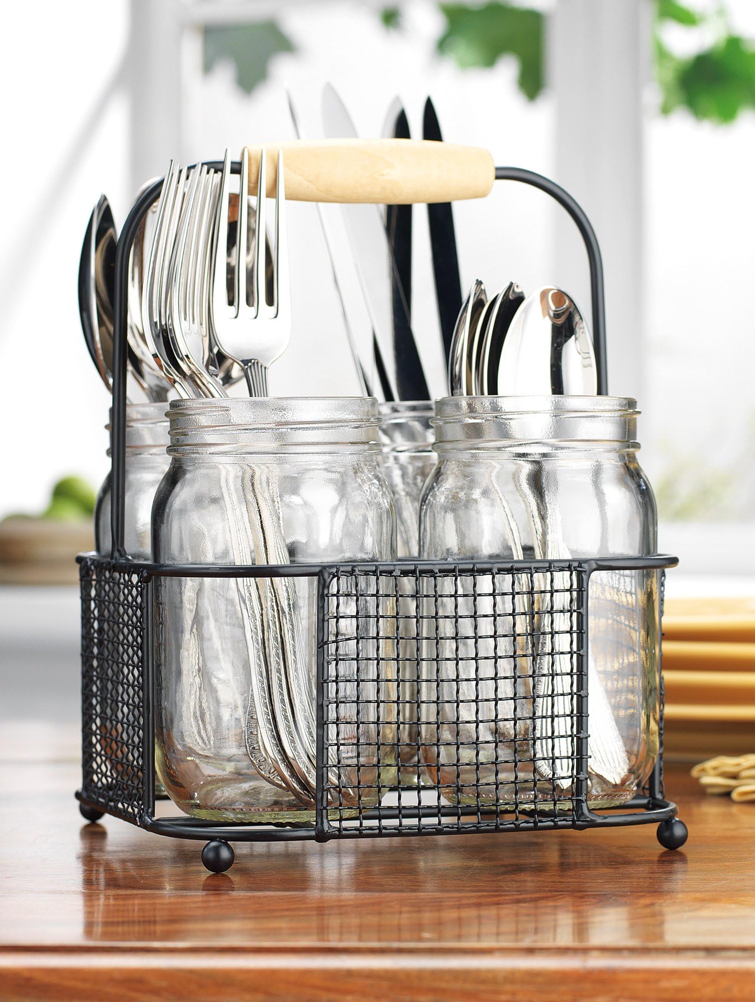 Square 4 Sectional Flatware Caddy- 4 Durable Mason Jars in Wire Caddy with Wooden Handles- Flatware Caddy Organizer Set for Home & Parties