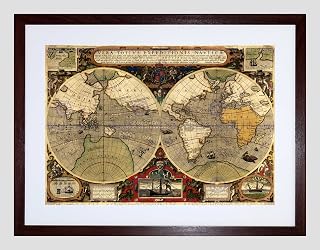 MAP ANTIQUE HEMISPHERE GLOBE WORLDS BLACK FRAMED ART PRINT PICTURE B12X7049