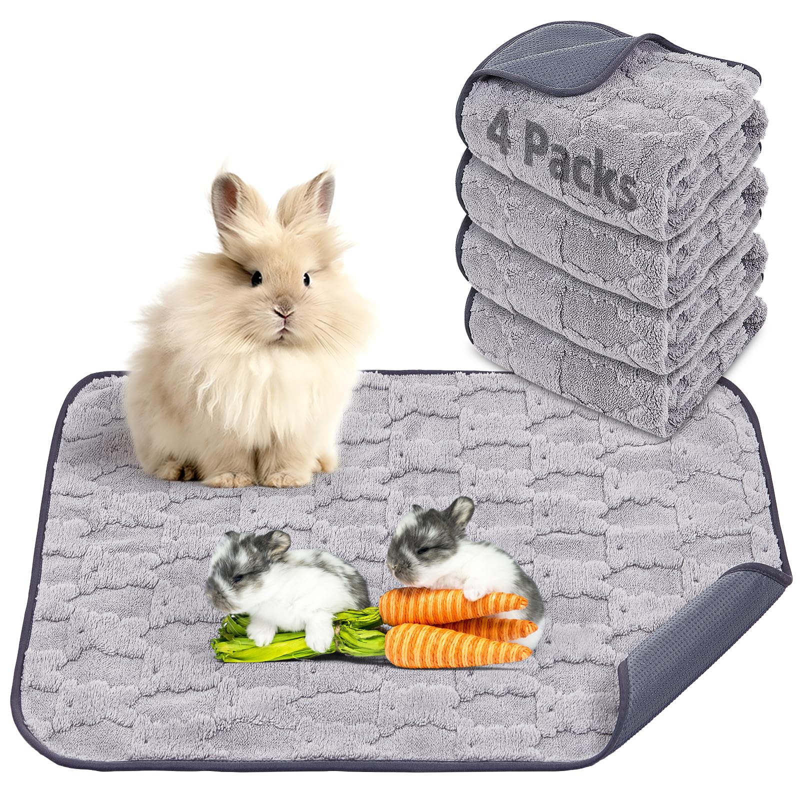 PICK FOR LIFE 4 Pieces Guinea Pig Fleece Cage Liner Washable Reusable Pee Pads for Rabbit Hamsters Leak-proof Small Animal Bedding Fast Absorbent Non Slip Guinea Pig Blanket, 90 x 100 cm