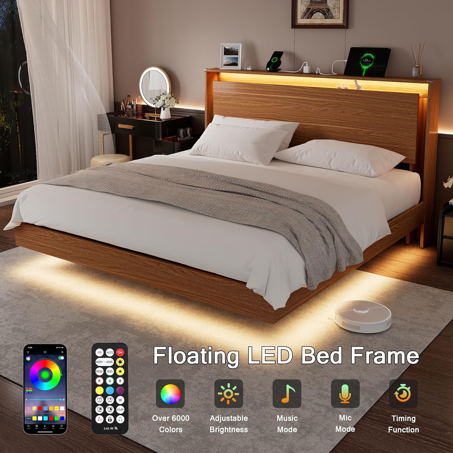 Floating LED Bed Frame with RGB ambient lighting controls, showing a smartphone app and remote control with options for over 6000 colors, adjustable brightness, music mode, mic mode, and timing function.