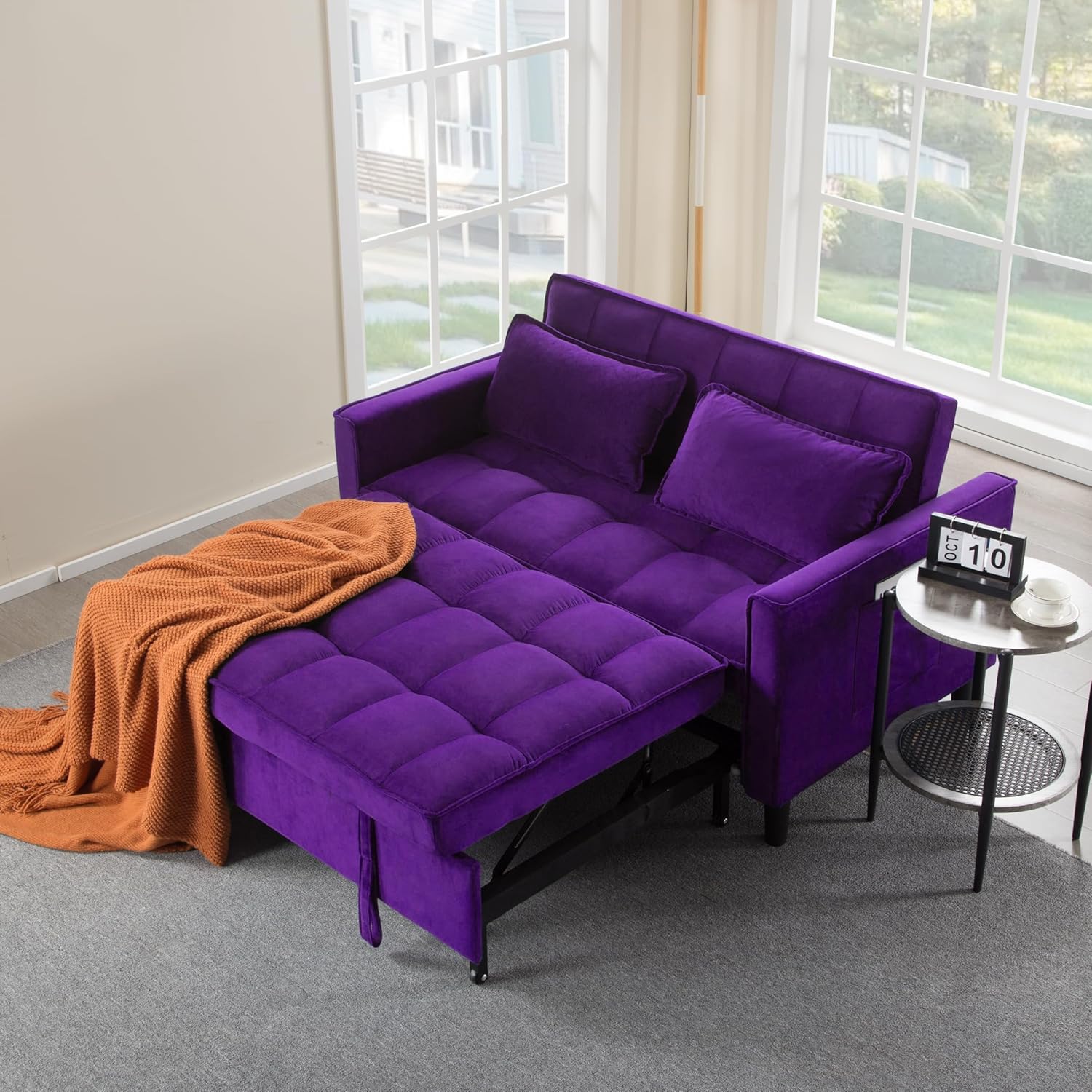 3 in 1 Convertible Sofa Bed, Love Seat Sleeper Bed with Side Pockets, Velvet Fabric Pull Out Couch with Adjustable Backrest for Living Room, Bedroom, Apartment, Purple