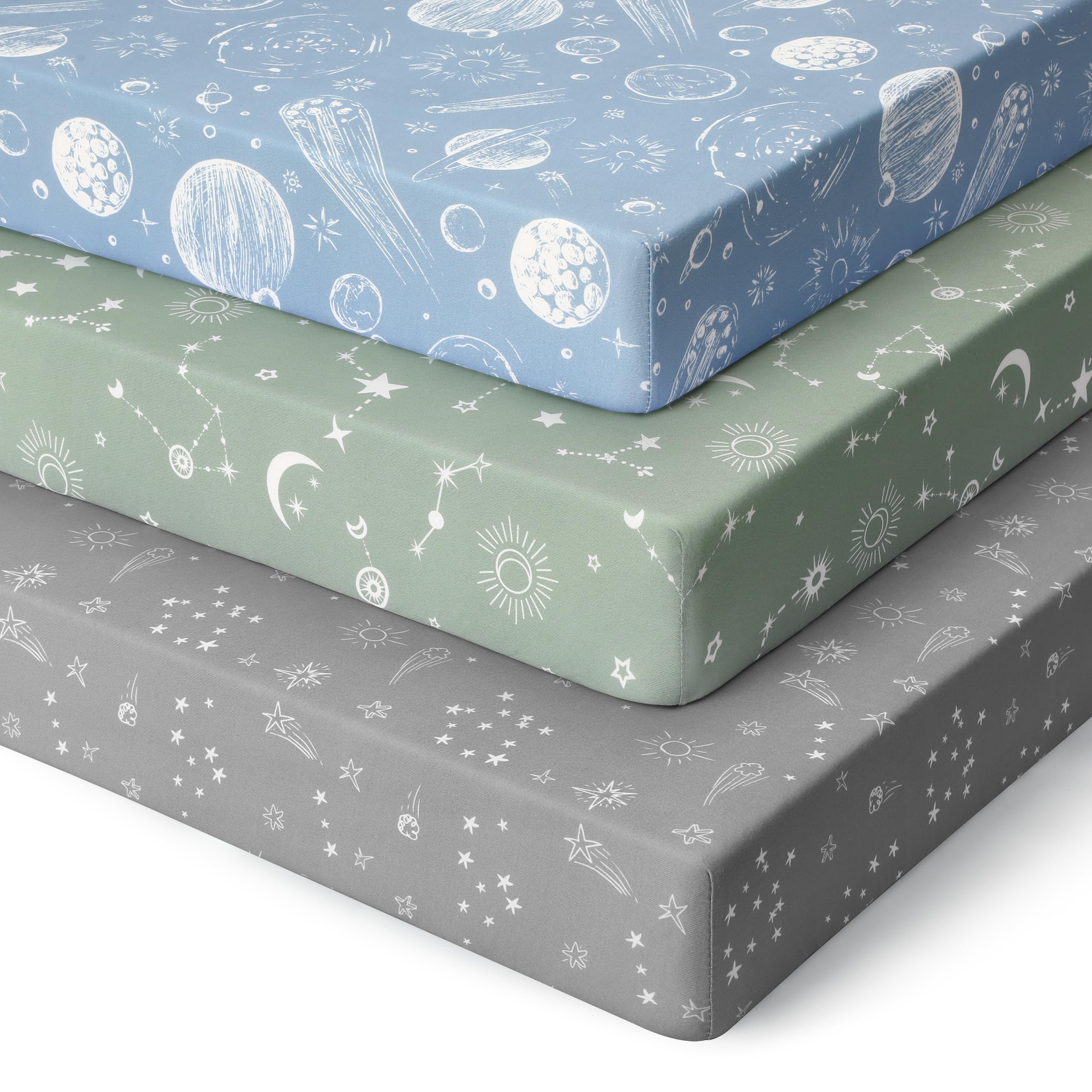 Unnivoll Pack and Play Sheets Fitted 3 Pack, Mini Crib Sheets for Pack N Play Mattress Stretchy Portable Playard Sheets, Soft Breathable Green Gray Constellation