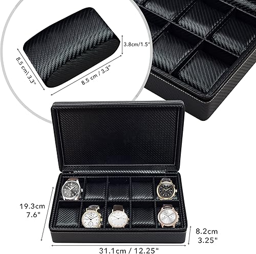 Miniatura 2 de TimelyBuys Maletín de 10 Reloj Negro Fibra de Carbono con Cremallera Estuche de Almacenamiento de Viaje 50MM Día del Padre