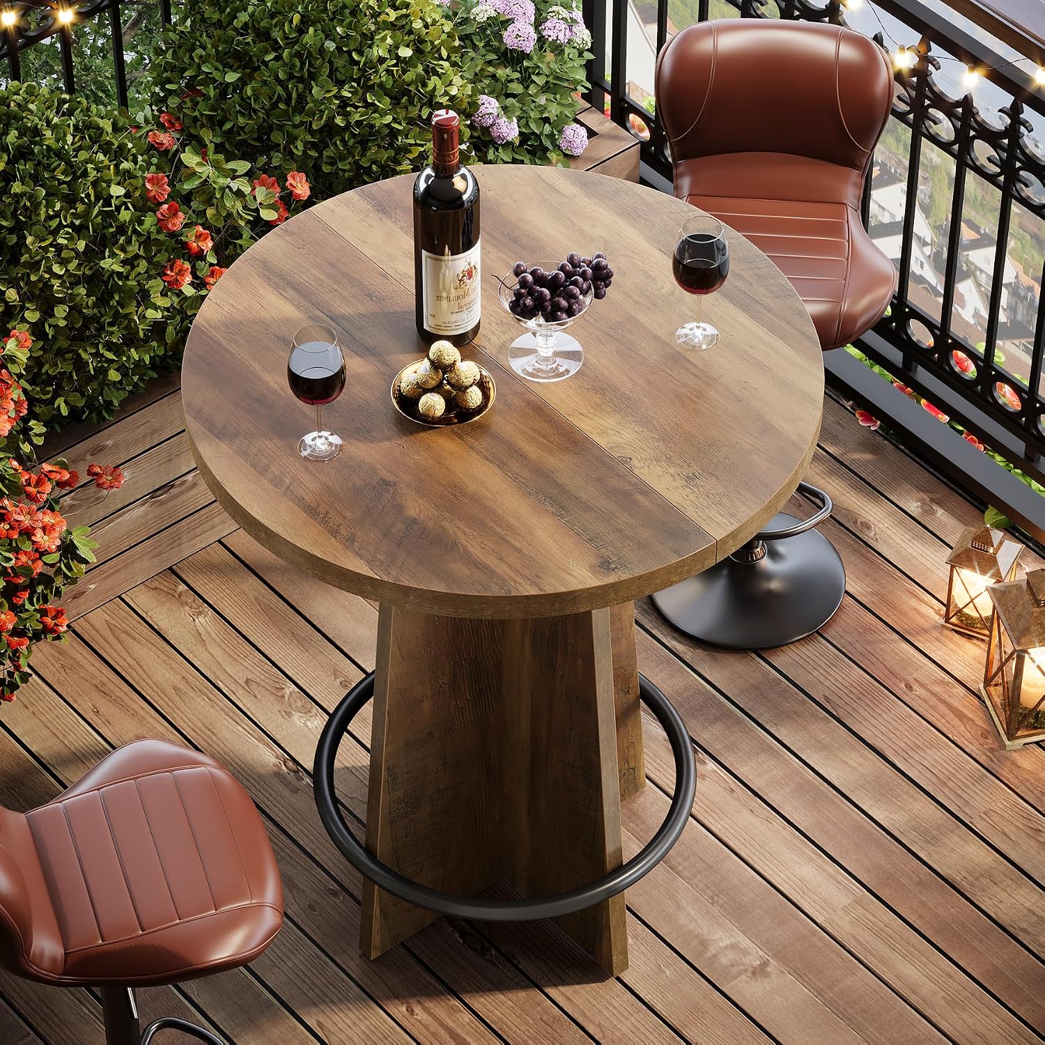 Tribesigns Round Bar Table, 37.4'' Tall Wooden Bistro Pub Table with Base and Metal Ring Footrest for Coffee House, Home, Small Space, Brown(Only Table)
