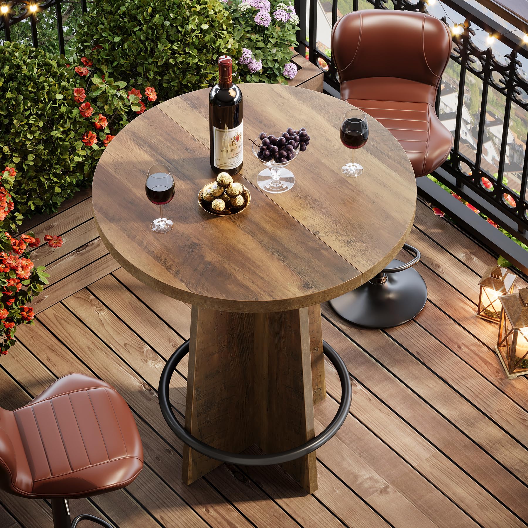 Tribesigns Tavolo rotondo da bar, alto 95 cm, in legno, Tavolino da Cocktail con base e poggiapiedi ad anello in metallo, per caffetteria, casa, piccoli spazi, marrone (solo tavolo)
