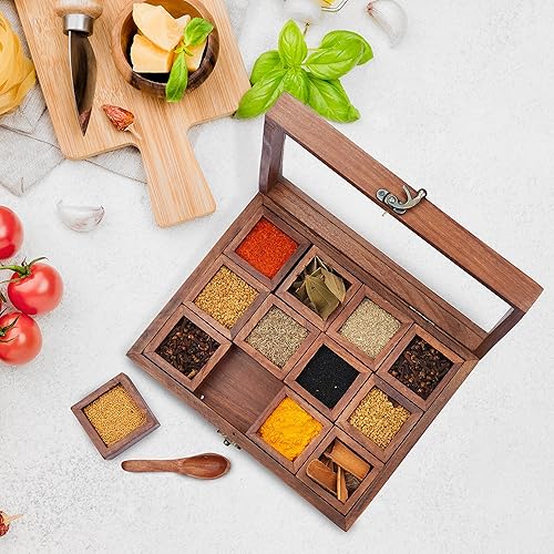 Miniatura 6 de Ajuny Masala Dabba - Caja de especias de madera, organizador con tapa de vidrio en la parte superior, 12 compartimentos extraíbles y 1 recipiente de