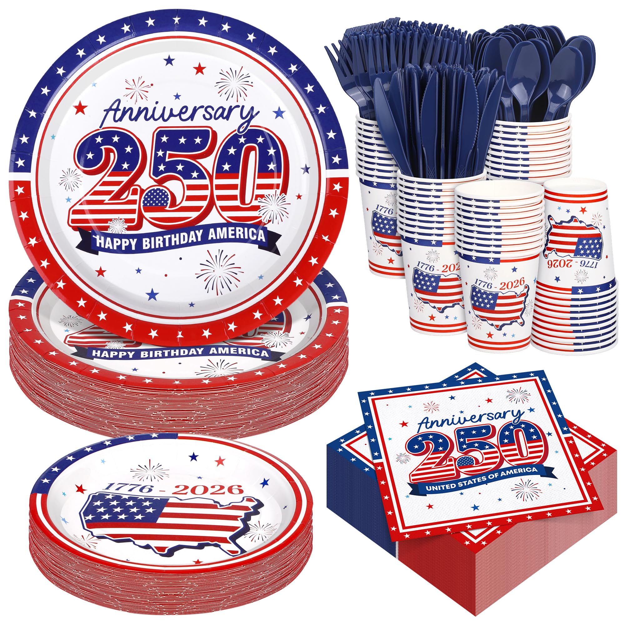Photo 1 of Kochorie 400 Pieces USA 250th Anniversary Party Supplies, Disposable Patriotic Tableware Sets with America 250th Anniversary Paper Plates Cups Napkins Cutlery Serves 50 for 4th of July Party Supplies