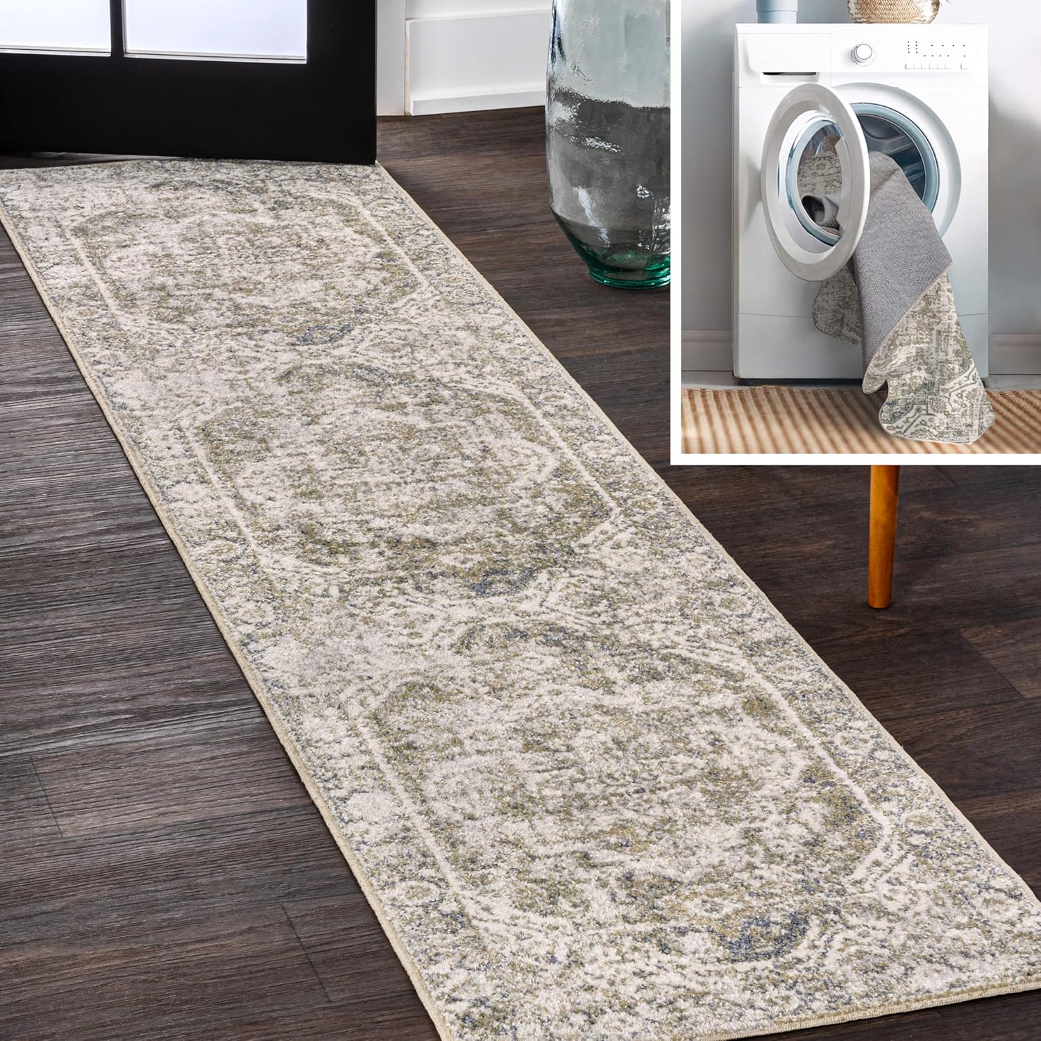 JONATHAN Y Machine Washable Green/Cream Runner Rug 2X8 ft, Keesha Bold Distressed Medallion Low-Pile for Living Room, Bedroom, Kitchen, Office, Easy-Cleaning, Pet-Friendly, Non-Shedding WSH316C-28