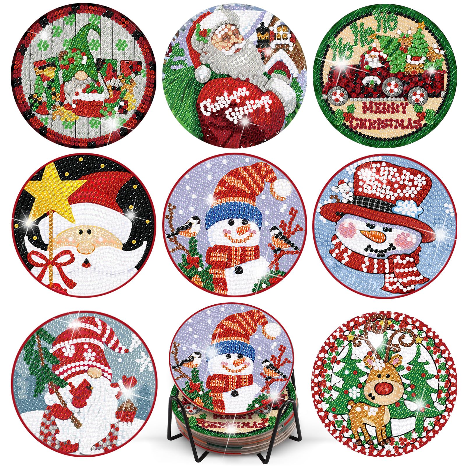 TLIOBLO Christmas Theme Diamond Painting Coasters with Holder, DIY Diamond Art Coasters Gnome Snowman Santa for Adults, Drink Coasters with Cork Backing for Table Protection Decoration