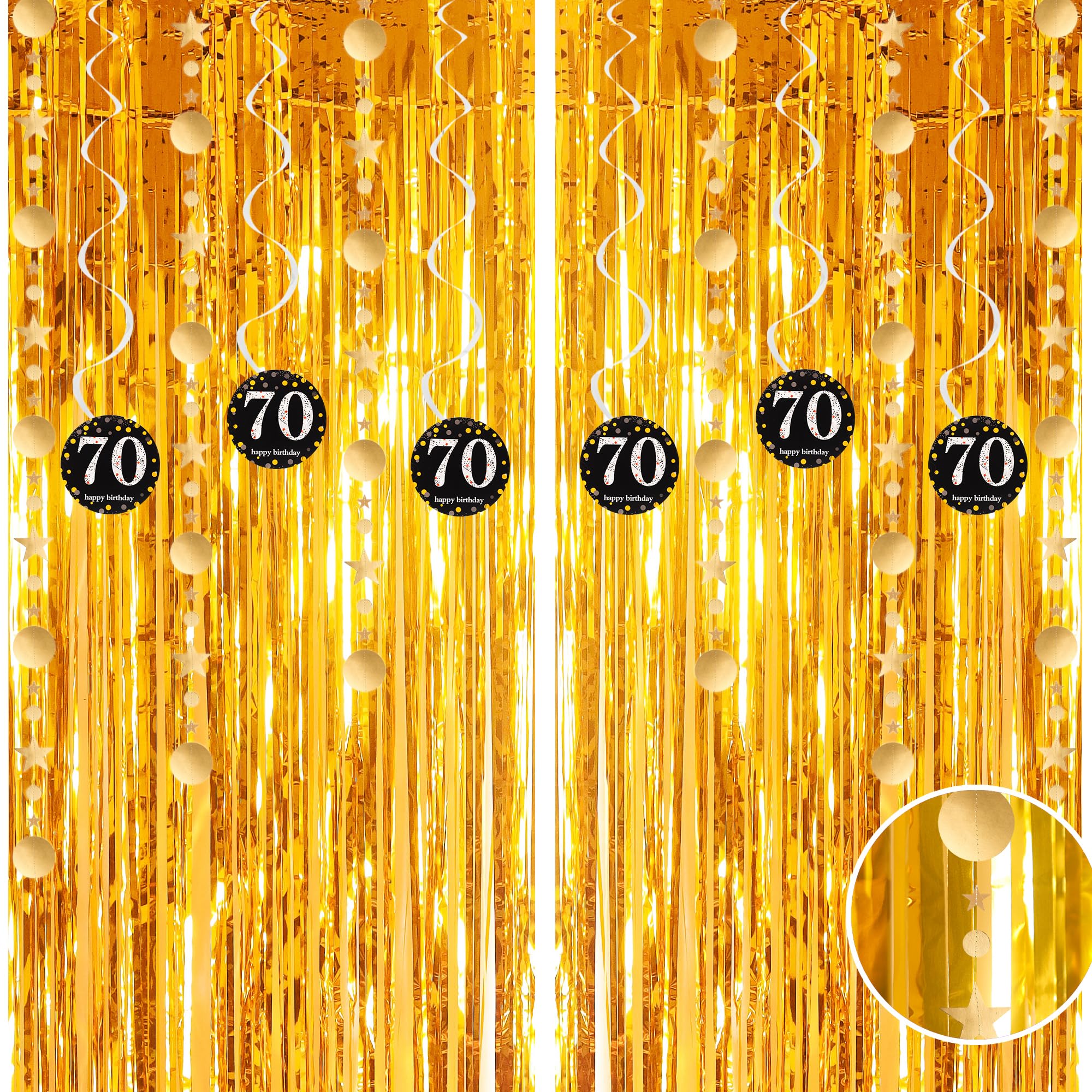Gold 70th Birthday Decorations, Tinsel Foil Fringe Curtain & Hanging Swirls Party Decorations Set for Women 70th Birthday Party Hanging Banner Door Tinsel Curtain Streamers