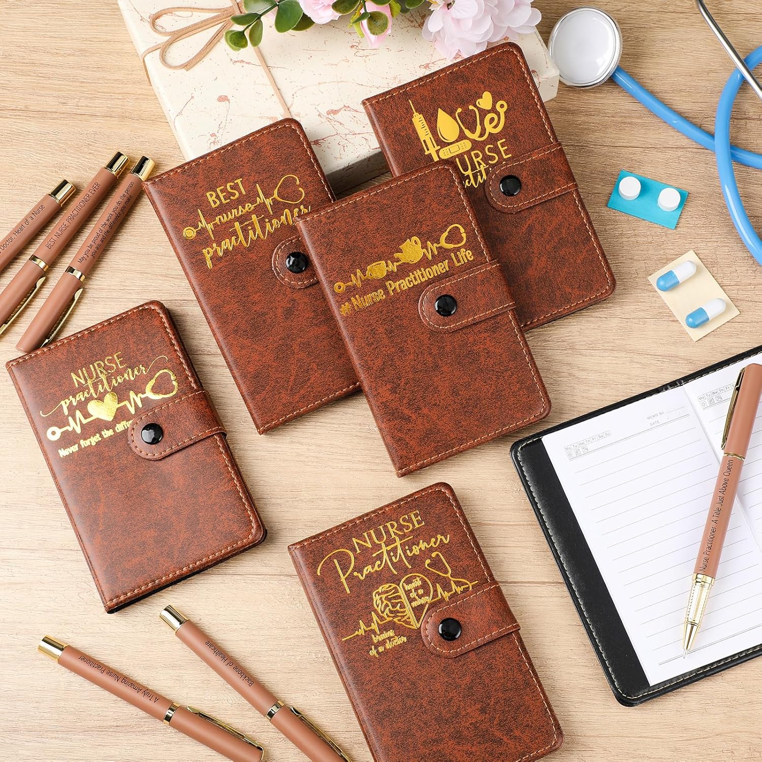 Harloon 12 Sets Nurse Week 2026 Gifts Bulk Nurse Practitioner Inspirational Leather Notebooks Motivational Ballpoint Pens Thank You Gift for Appreciation Doctor Medical Assistant Women Men (Brown)