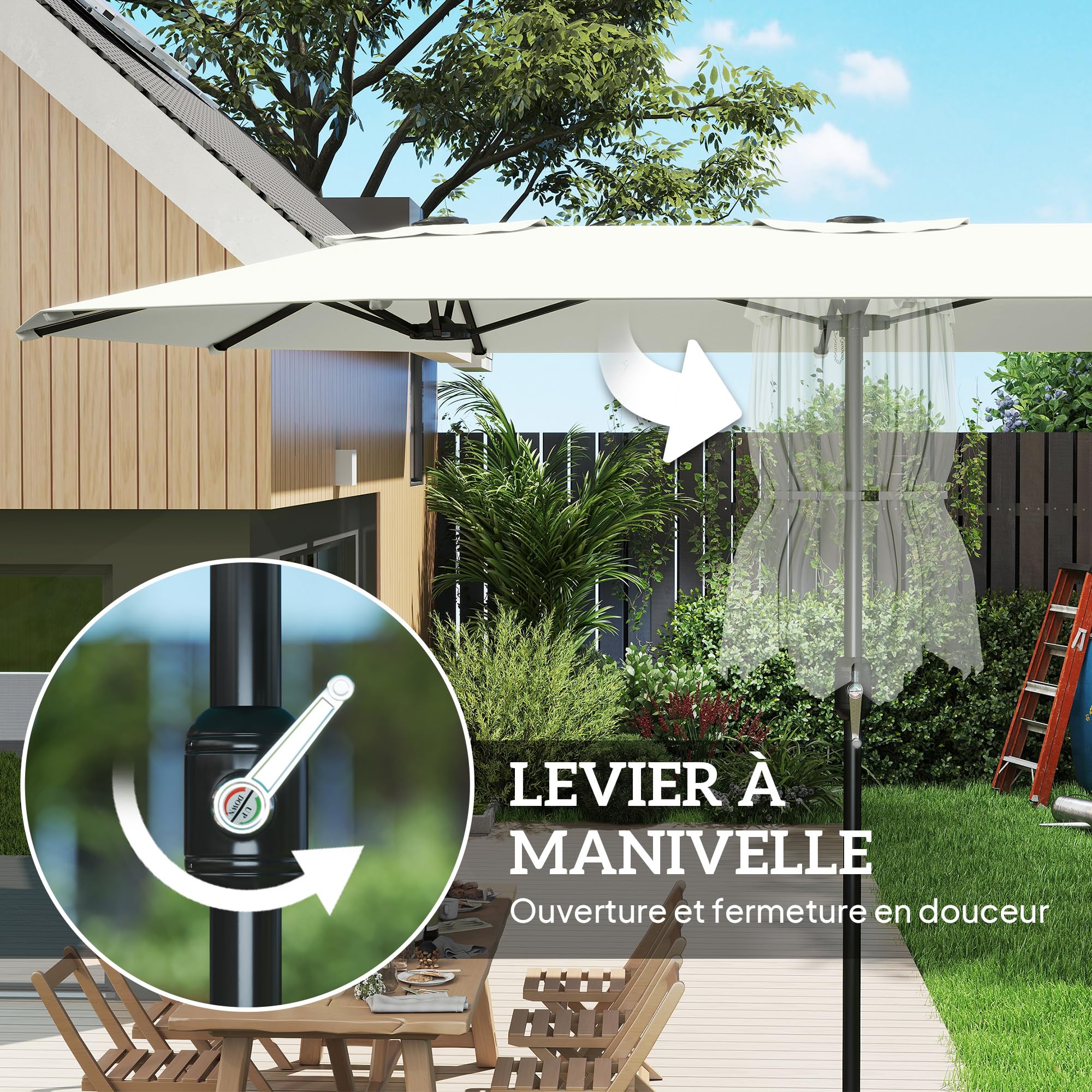 Outsunny Parasol de Jardin Extérieur 4,6x2,7 m, Manivelle, UV 50+, Crème