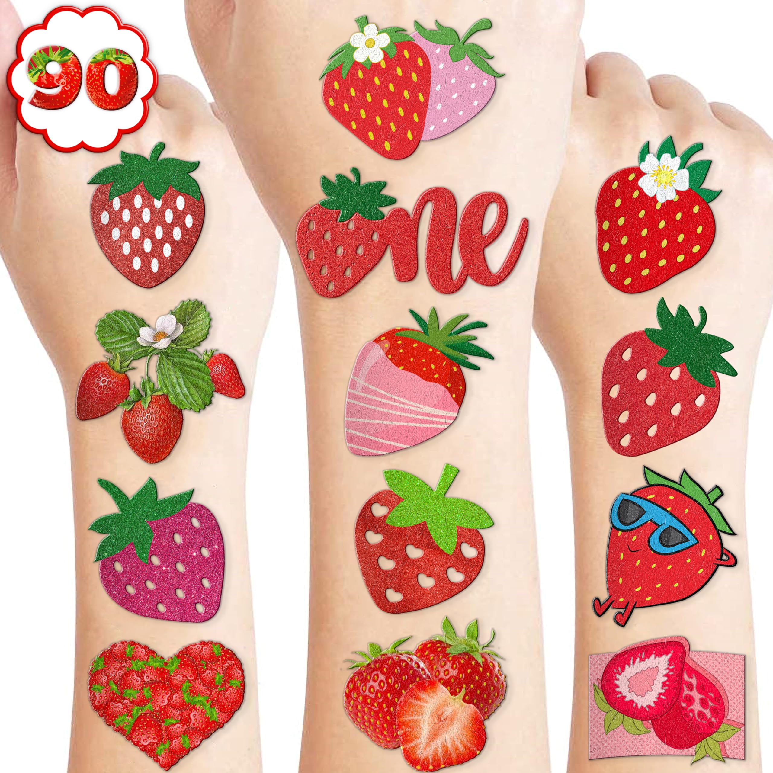 Sweet One Strawberry Themed 1st Temporary Tattoos 90 PCS Party Decorations Favors Supplies Berry First Theme Birthday Cute Fruit Tattoo Stickers Gifts for Boys Girls Kids Class School Prizes Christmas