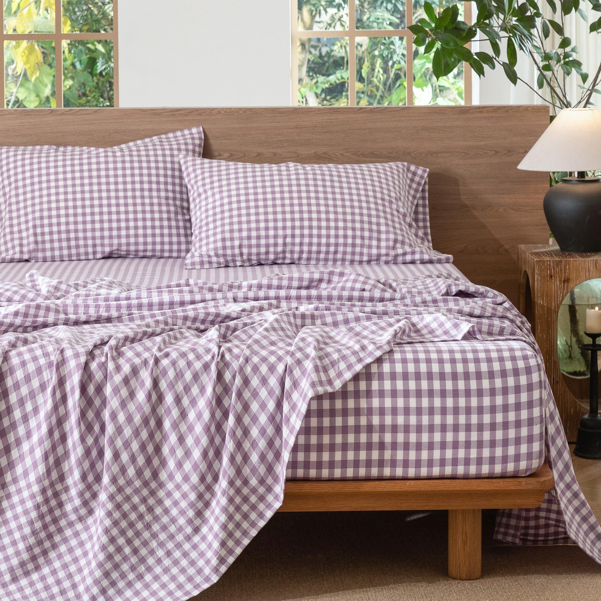 Amazon.com: MooMee Gingham Sheet Set 100% Washed Cotton Linen Like
