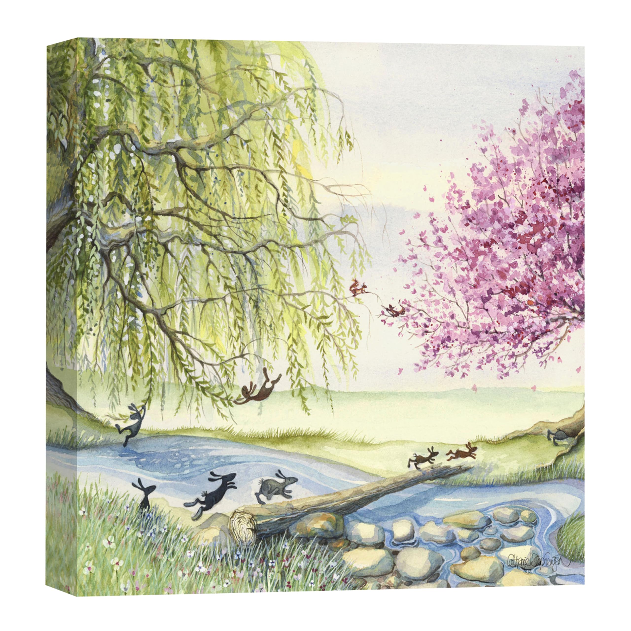 Artko Rabbits in the Countryside Canvas Wall Art - Artistic 'Racing Home' by Catherine Stephenson - Animal Themed Artwork - Ready to Hang Quirky Home Décor Painting - 40 x 40cm