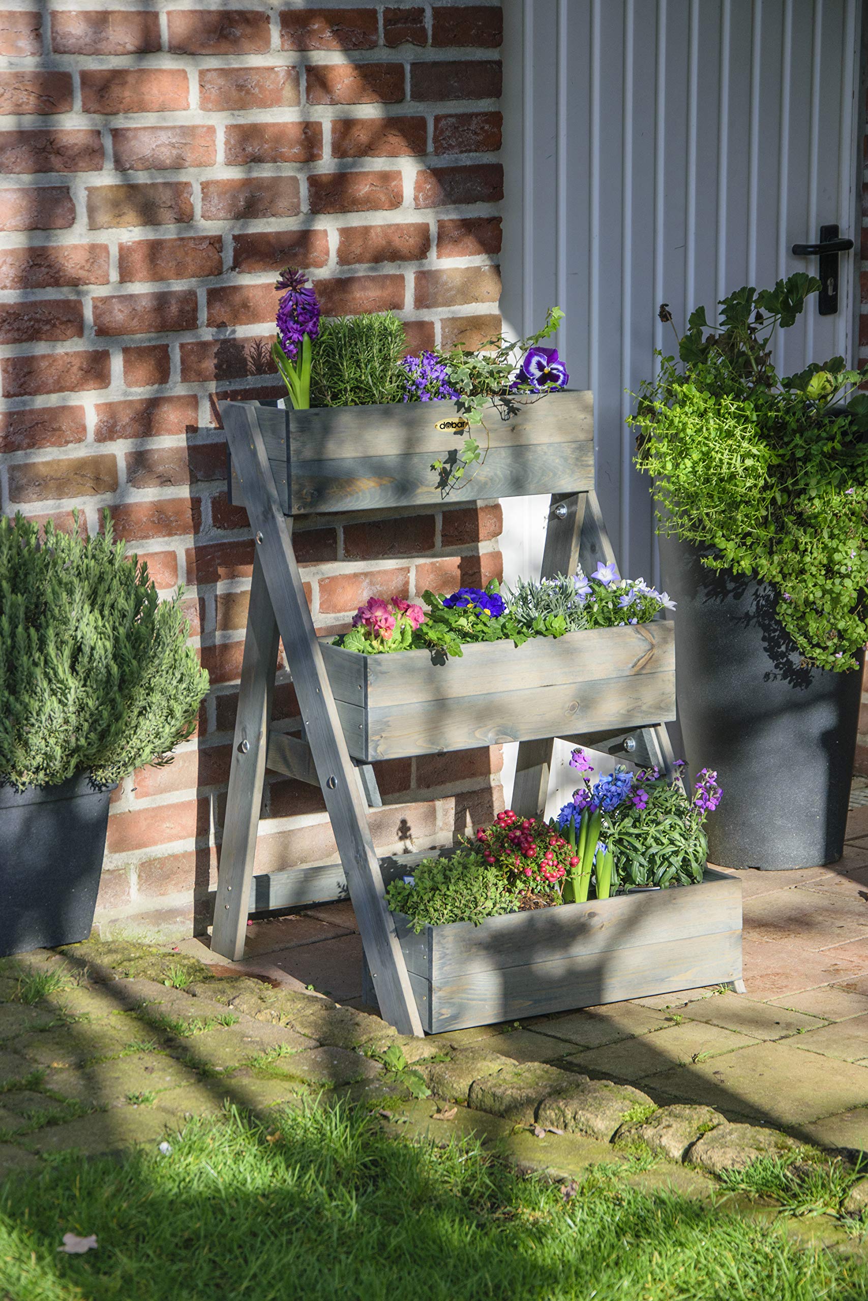 dobar® Dreistufige Pflanztreppe Outdoor aus Massiv-Holz für Balkon und Garten - Blumenbeet mit 3 Pflanzkästen wetterfest lasiert für draußen - 60 x 70 x 90 cm - Anthrazit
