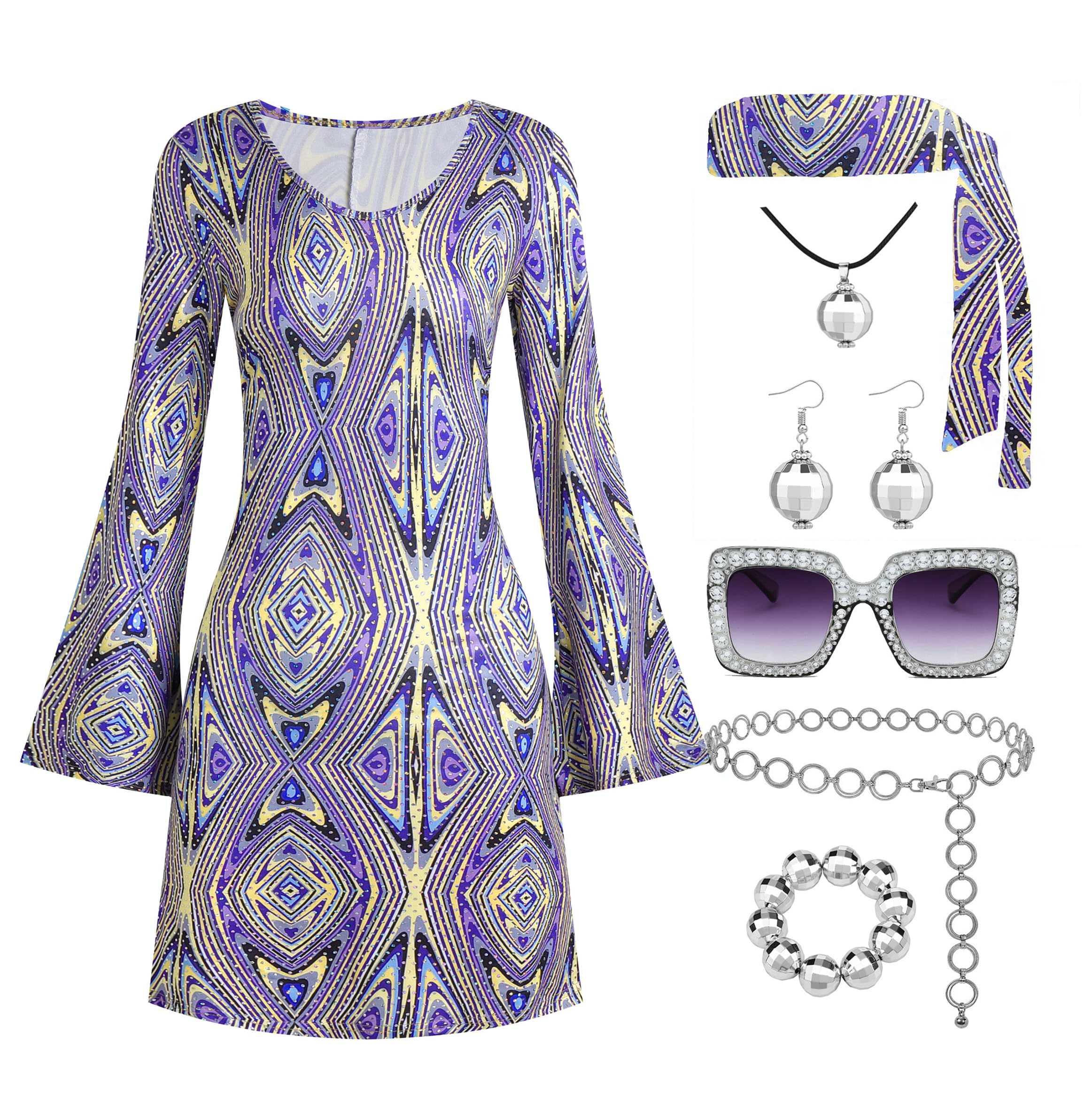Deerjoke 70s Disco Outfit Women, 7 PCS 70's Disco Dress Costume Hippie Clothes Accessories Jewelry Halloween, Purple, Medium