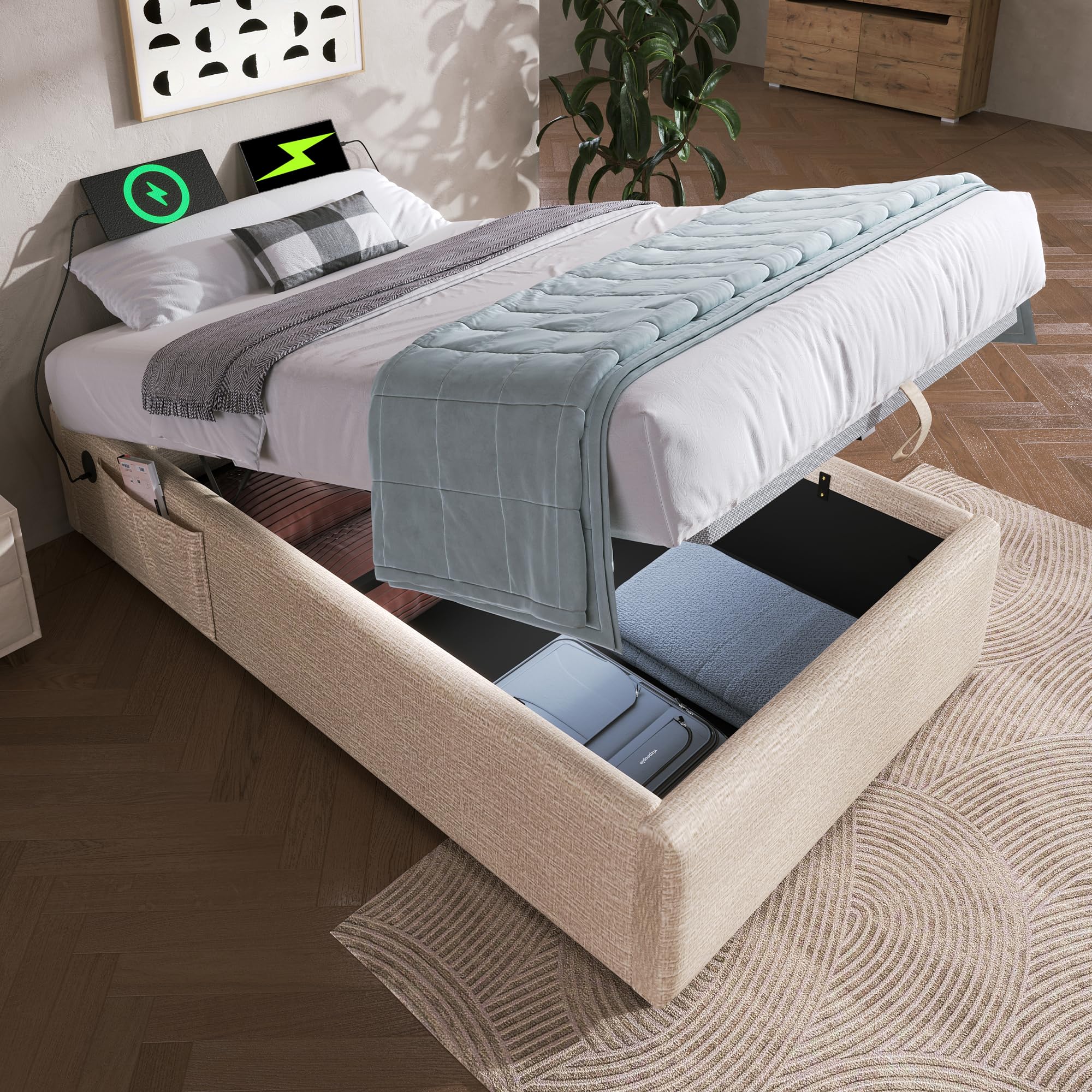 Generisch Łóżko tapicerowane pojedyncze 90 x 200 cm z hydrauliczną przestrzenią do przechowywania, przyłączami ładowania USB i Type-C, stabilny stelaż, bez zagłówka, szare, z bawełny i litego drewna.