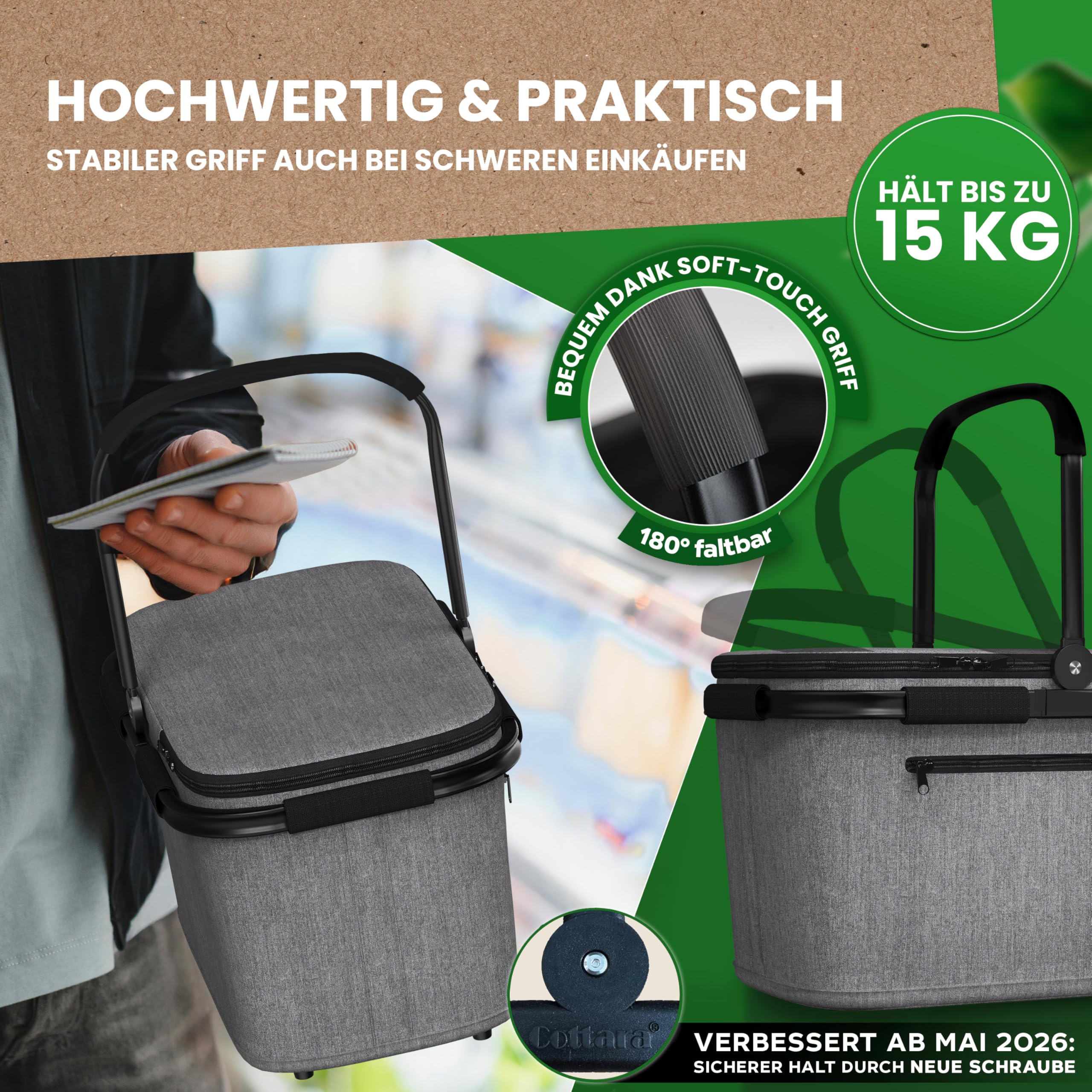 COTTARA Cesta de la compra térmica grande, aislada con tapa, base reforzada, compartimento frontal con cremallera, ideal como cesta refrigeradora o cesta de picnic (gris)