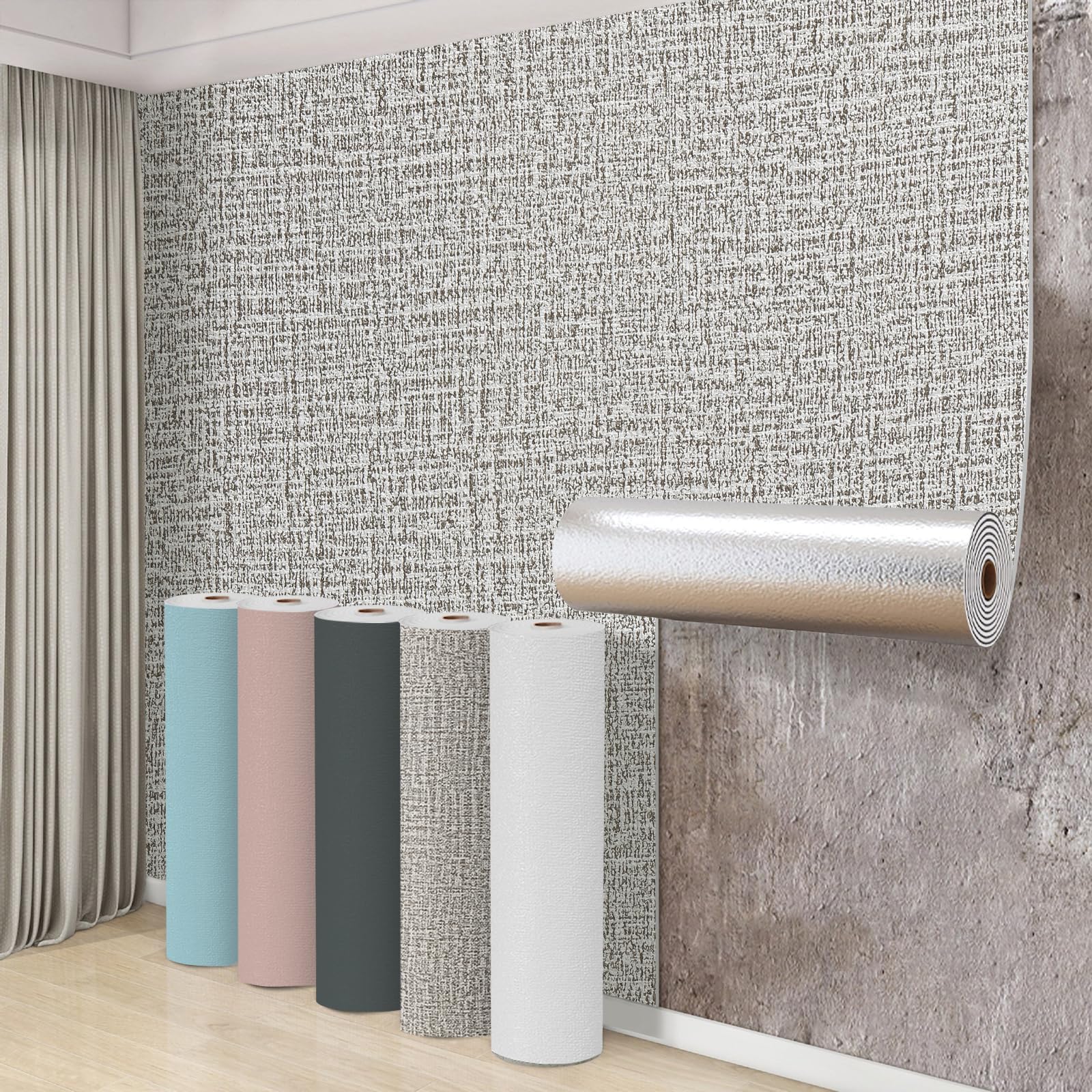 5 Roll Self Adhesive Thermal Wallpaper 3mm Thick Peel and Stick Panel Wallpaper for Bad Cold Walls Textured Grey Insulating Wall Covering Roll Waterproof Damp Proof Ceiling Kitchen