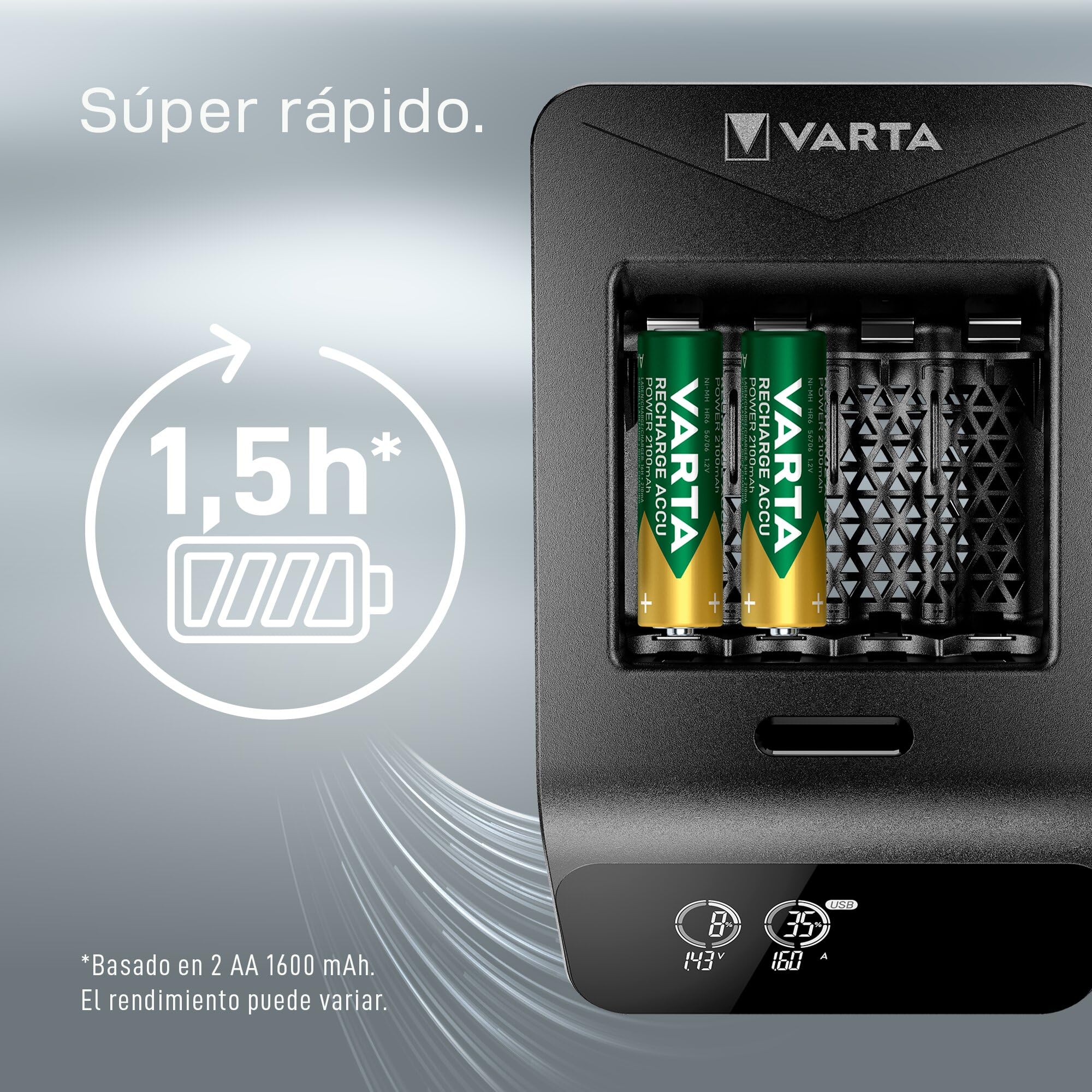 VARTA Cargador de Pilas, Incl. 4X AA 2100mAh, Cargador para Pilas AA/AAA Recargables, LCD Smart Charger+, Carga por Ranura única, 2 Modos: Carga, refresca