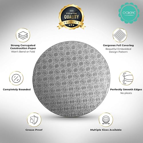 Miniatura 4 de O'Creme Tabla para tartas, círculos redondos de papel de aluminio plateado con diseño magnífico, resistente y duradero, tambores para pasteles de 12