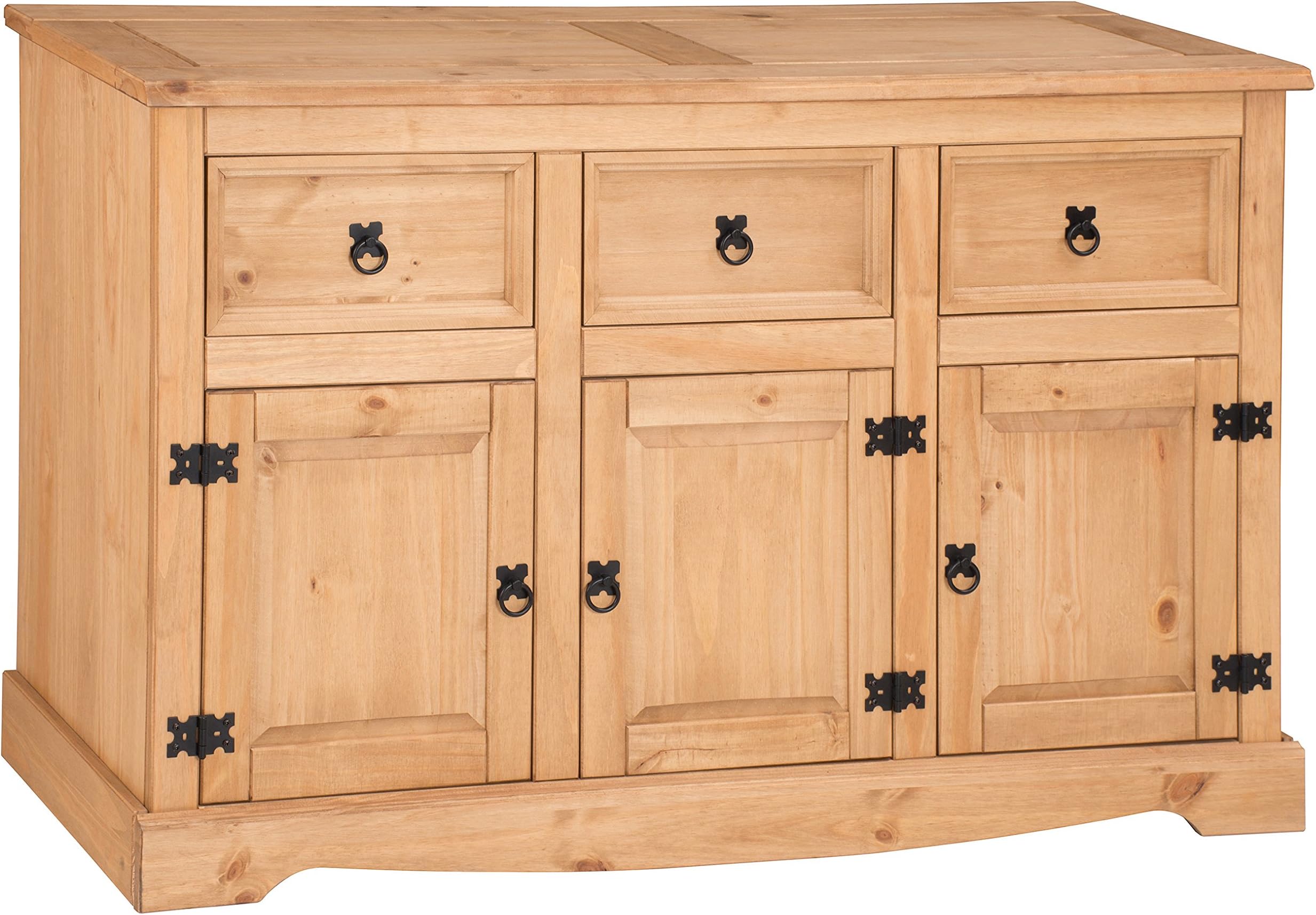 Corona 3 Door 3 Drawer Large Sideboard Solid Wood Pine Wooden Light Fiesta Wax Dresser Lounge Hallway Living Room Kitchen Dining Room Bedroom Side Unit Mexcian Style 76cm High 125cm Wide 40cm Deep