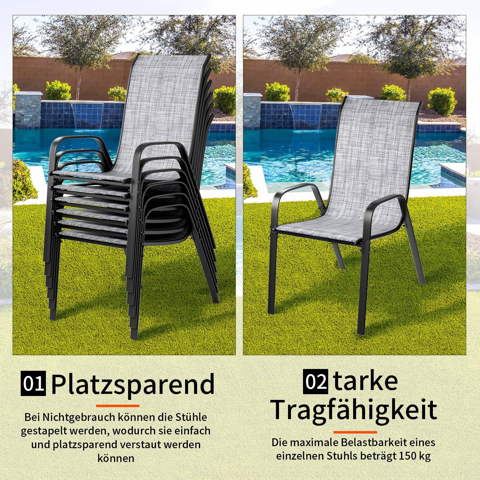 LIFERUN Sedia da giardino impilabile, da campeggio, impilabile, con schienale alto, in acciaio textilene, per giardini, cortili, balconi, ristoranti, 150 kg, portata: 54 x 69 x 93 cm 6pcs Lino grigio