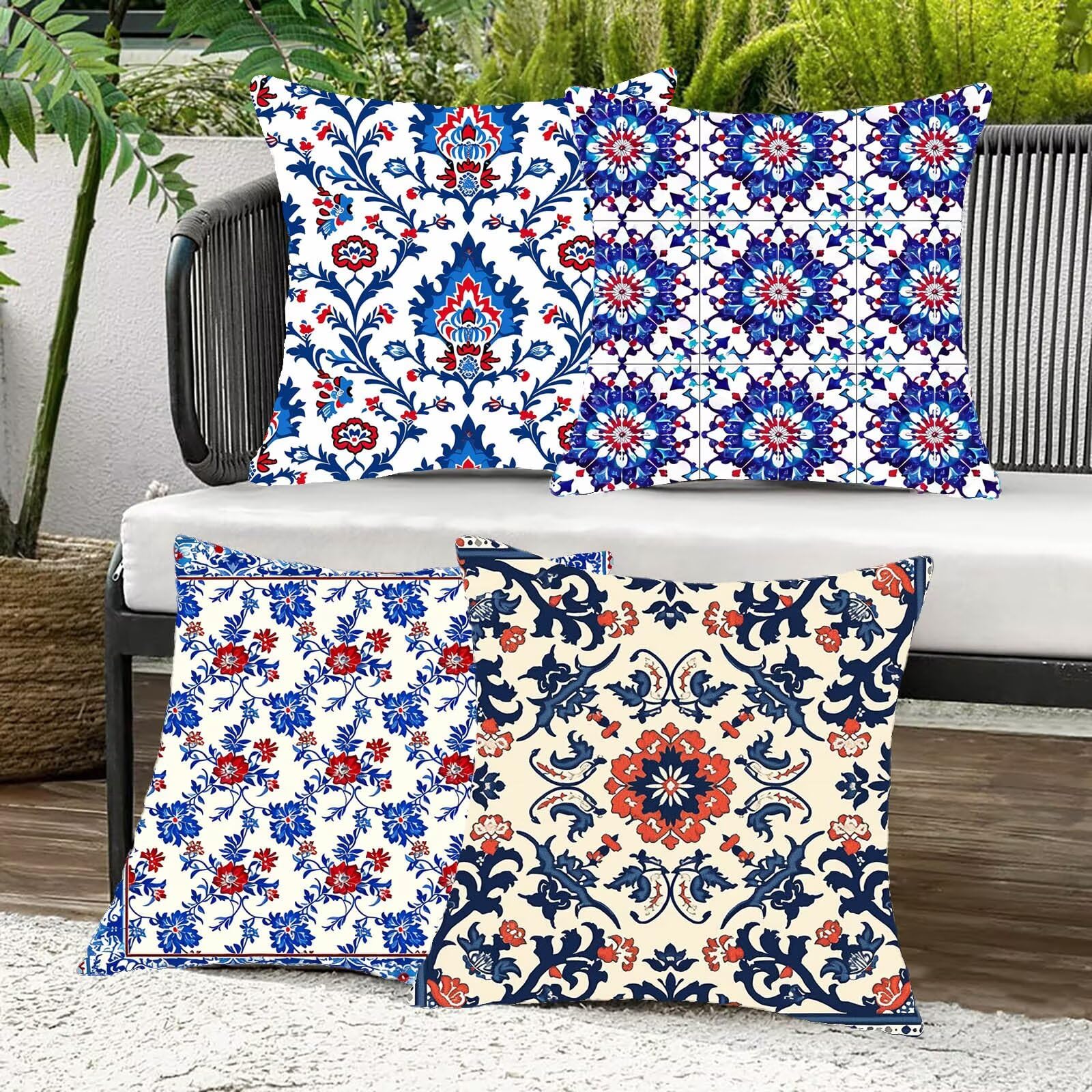 Kissenbezug 60x60 cm Böhmen 4er Set Sofakissen Superweichem Doppelnähten Versteckter Reißverschluss Blau Outdoor Kissen Leinen gelten für Auto Terrassen-Gartenbank Wohndeko Schlafzimmer Sofa B-Z