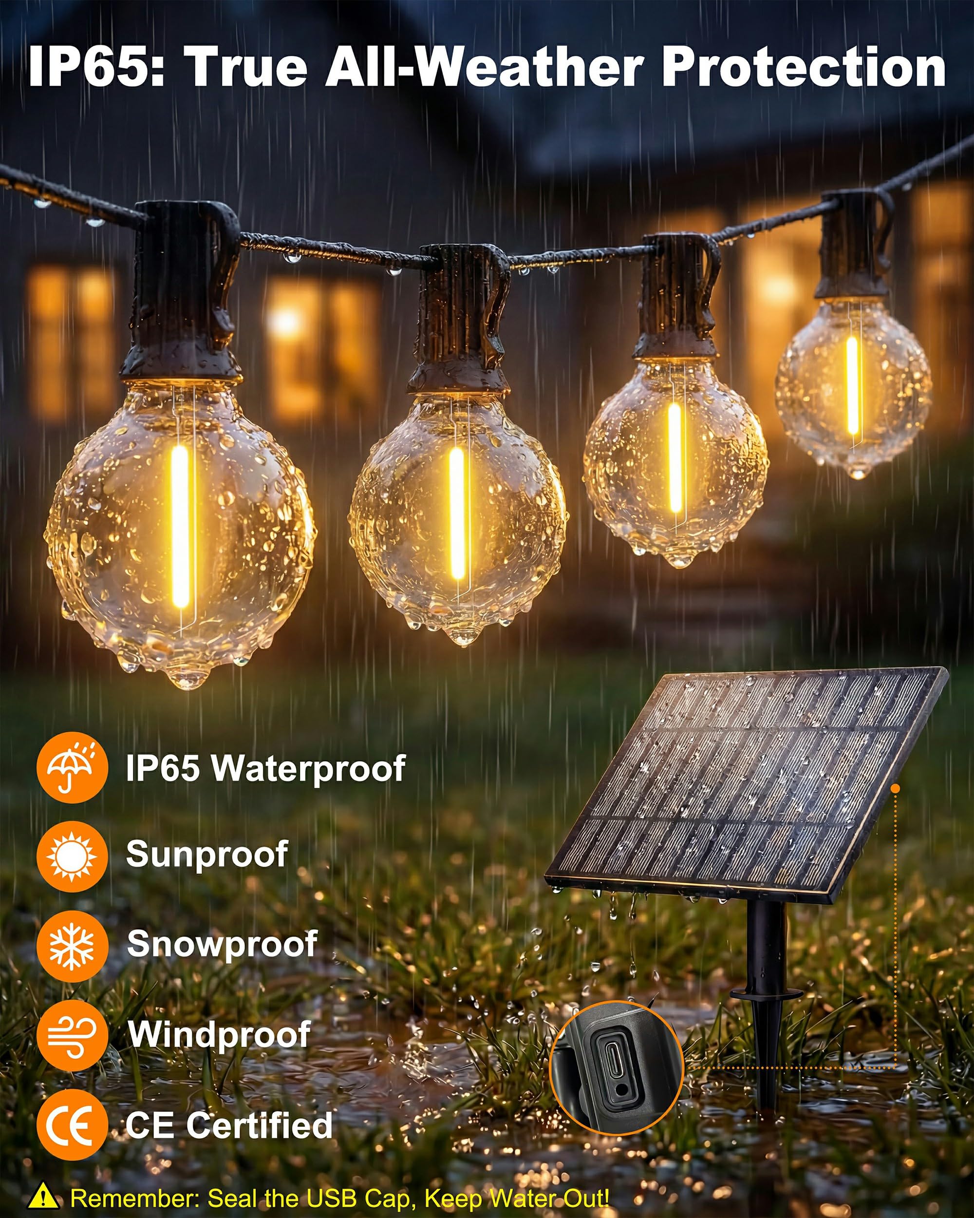 Catena luminosa a energia solare per esterni, 18 m, dimmerabile, per esterni, con telecomando, 25 + 1 lampadina 2700 K, G40, 3 modalità, 5 timer, impermeabile, per balcone, terrazza, feste