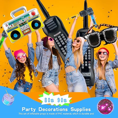Miniatura 3 de 10 piezas de accesorios inflables de los años 80 y 90, incluye radio inflable Boombox, teléfono móvil inflable, lentes inflables para decoraciones