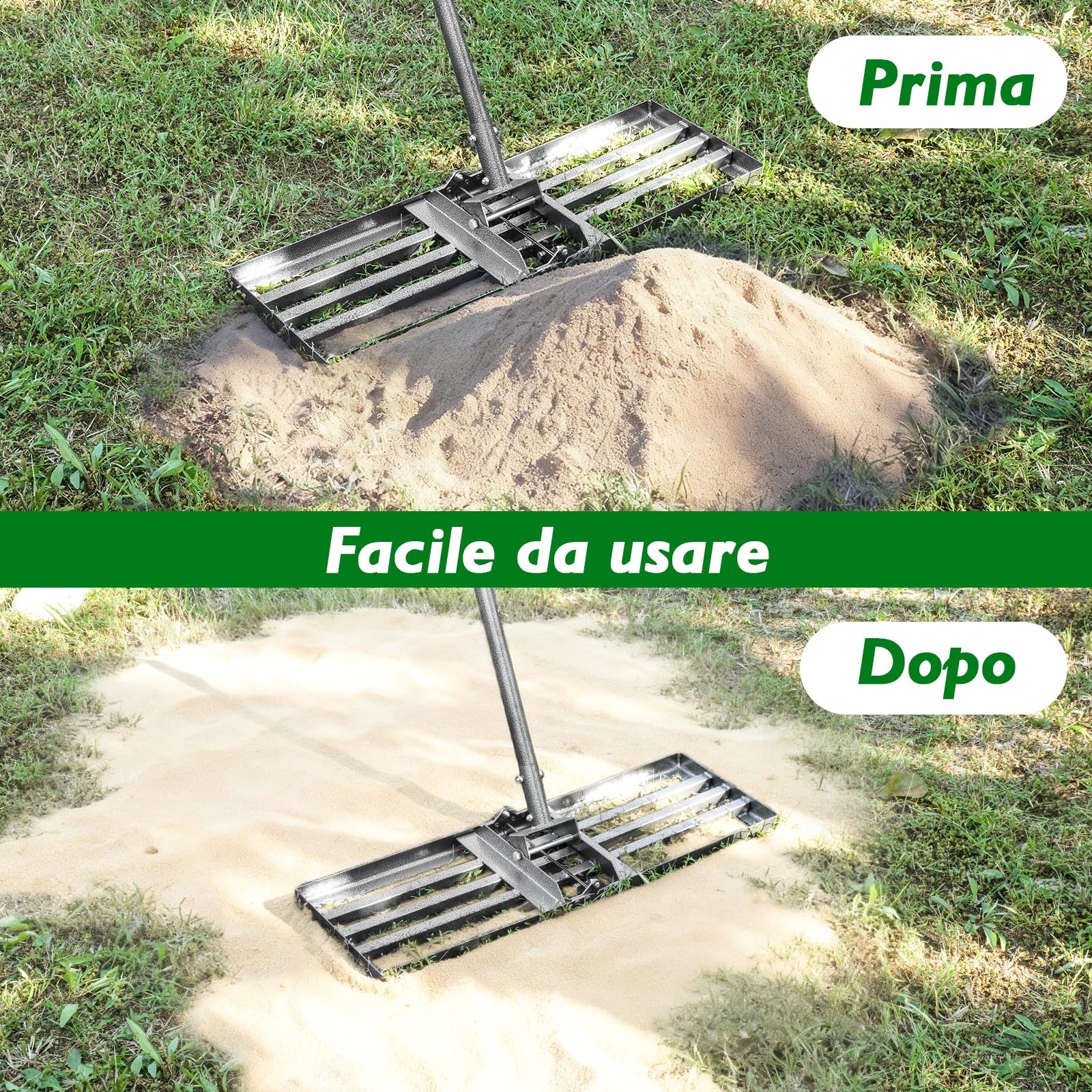 Rastrello Livellatore per Prato Pesante 76x25 cm | Manico Regolabile 185 cm | Livellatrice per Prato per Terreno, Sabbia e Terra | Ideale per Giardino, Cortile e Campo da Golf