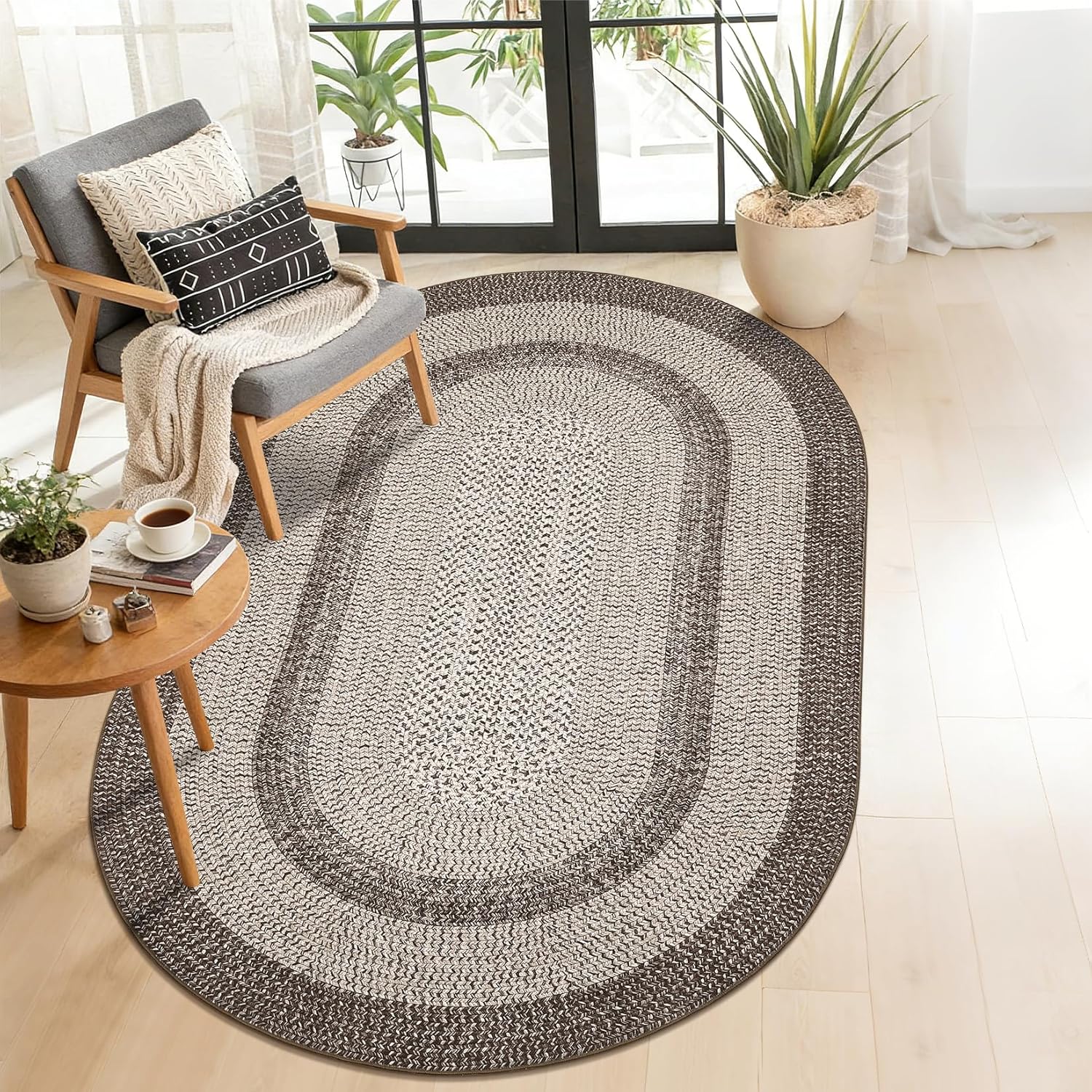 5x8 Oval Living Room Area Rug Washable Modern Border Bedroom Bedside Area Rugs Non Slip Low Pile Dining Room Oval Throw Carpet Contemporary Rugs for Living Room Kitchen Nursery, Mocha