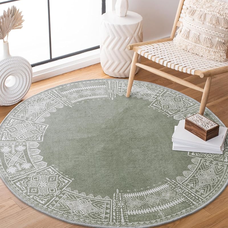NICETOWN 4ft Round Christmas Rugs Green Boho Wahsable Rug, Thin Non-Slip Green Carpet for Dining Room, Non-Slip Faux Wool Soft Round for Living Room, Sage Green, 4ft