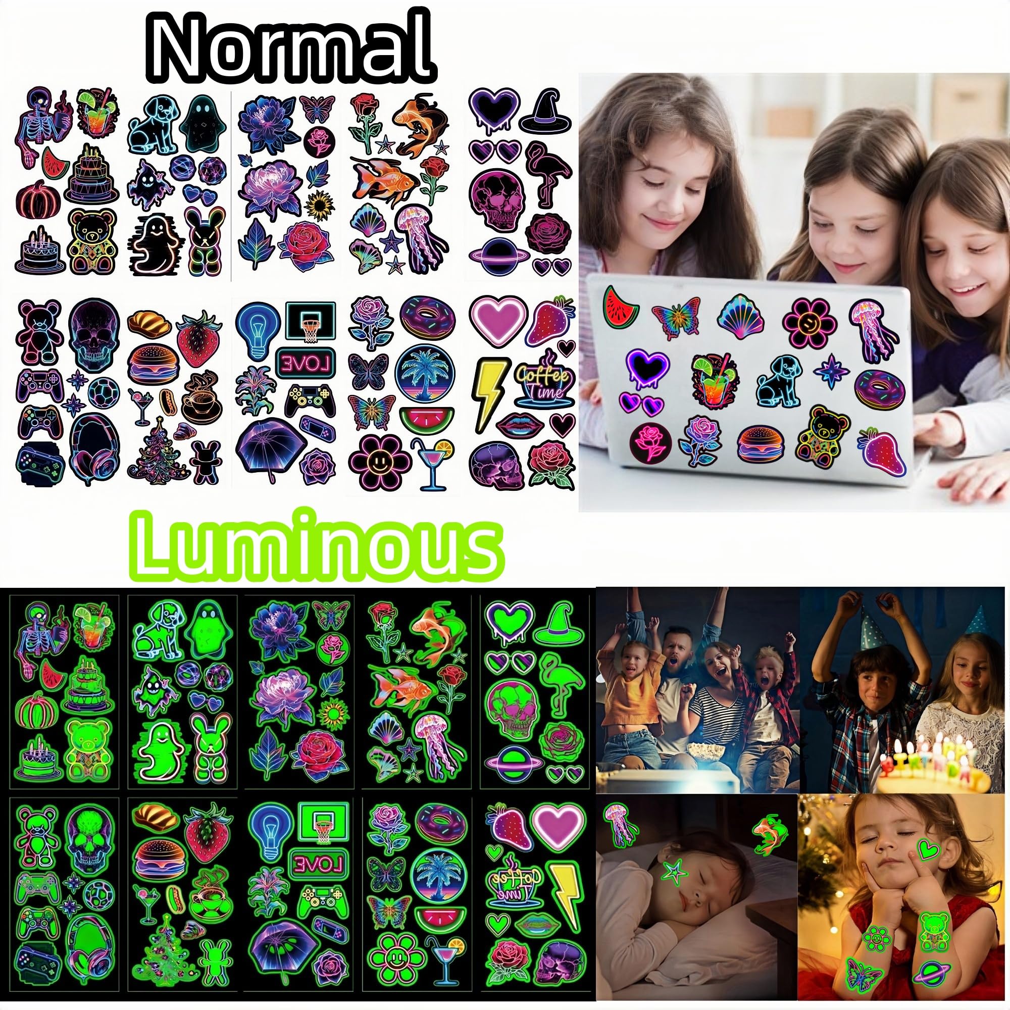 Tattoos for Kids,10 Sheets Temporary Tattoos Party Bags Fillers for Kids Neon Party Accessories Glow in The Dark Tattoos Toys for 3 4 5 6 7 8 9 10 11 12 Year Old Girls Gifts Halloween Decorations - Image 4